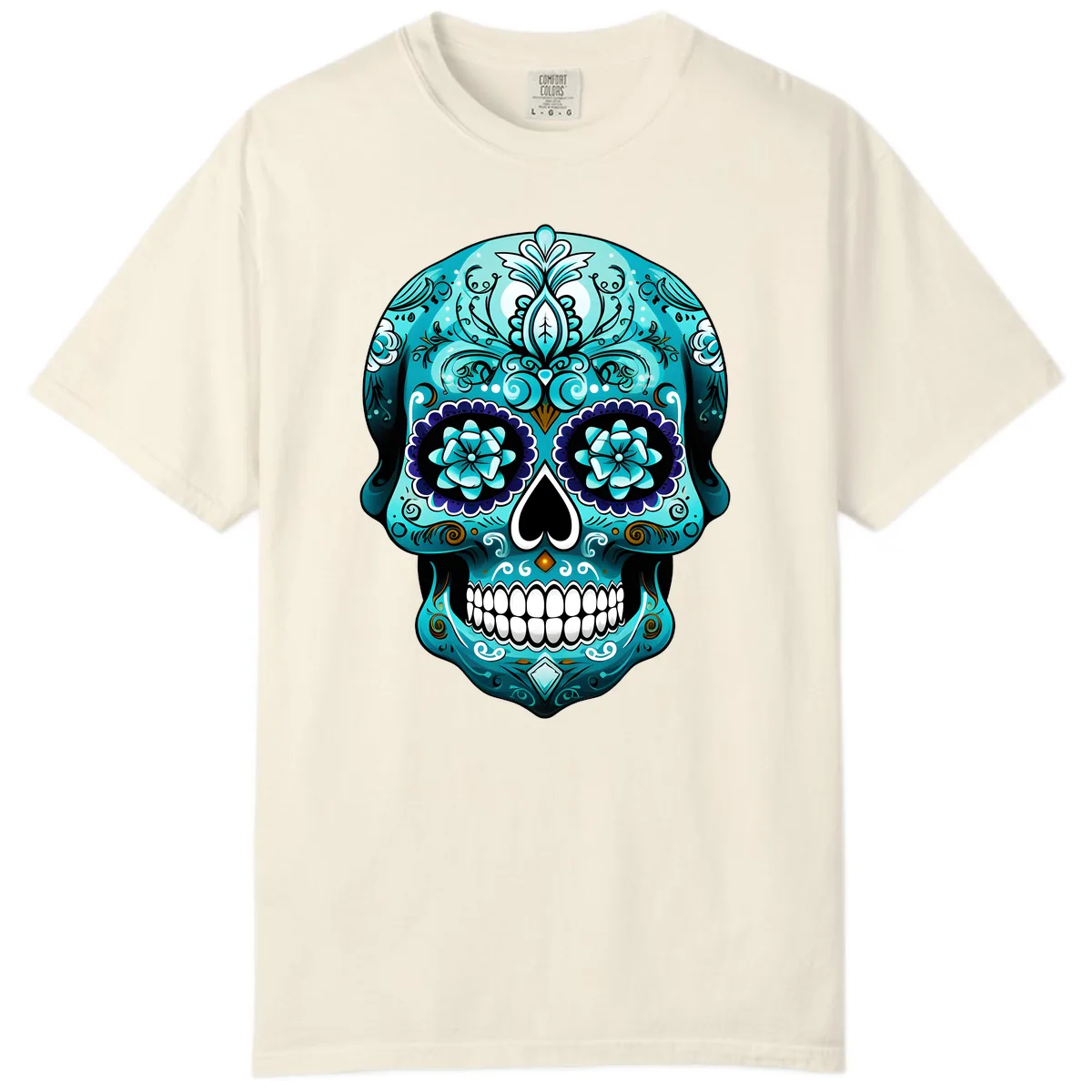 Ornate Teal Calavera Skull with Flowers Comfort Color in Ivory