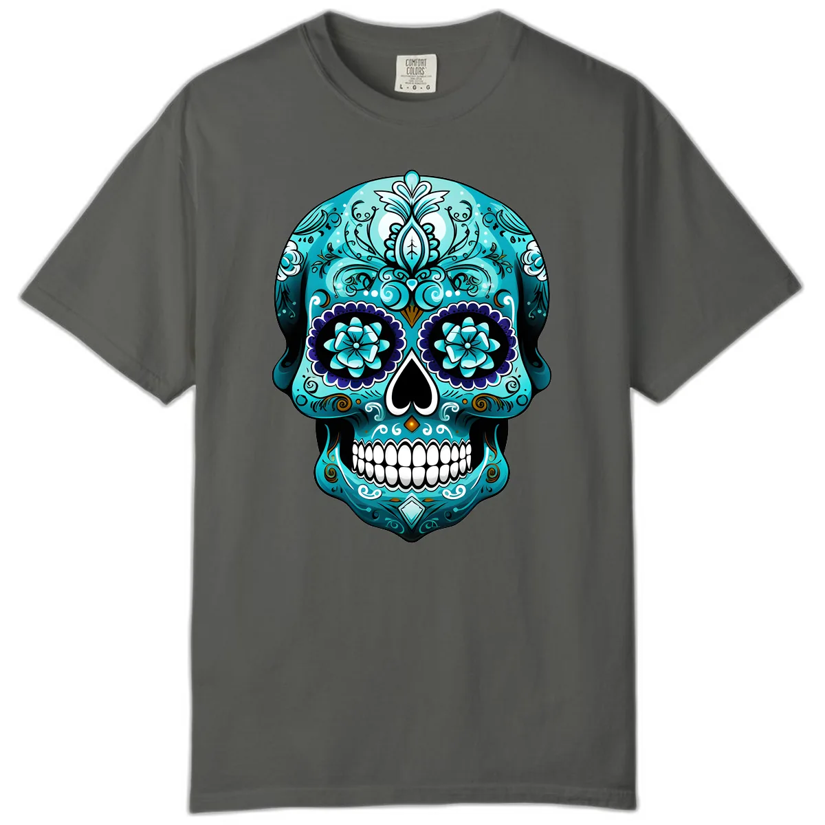 Ornate Teal Calavera Skull with Flowers Comfort Color in Pepper