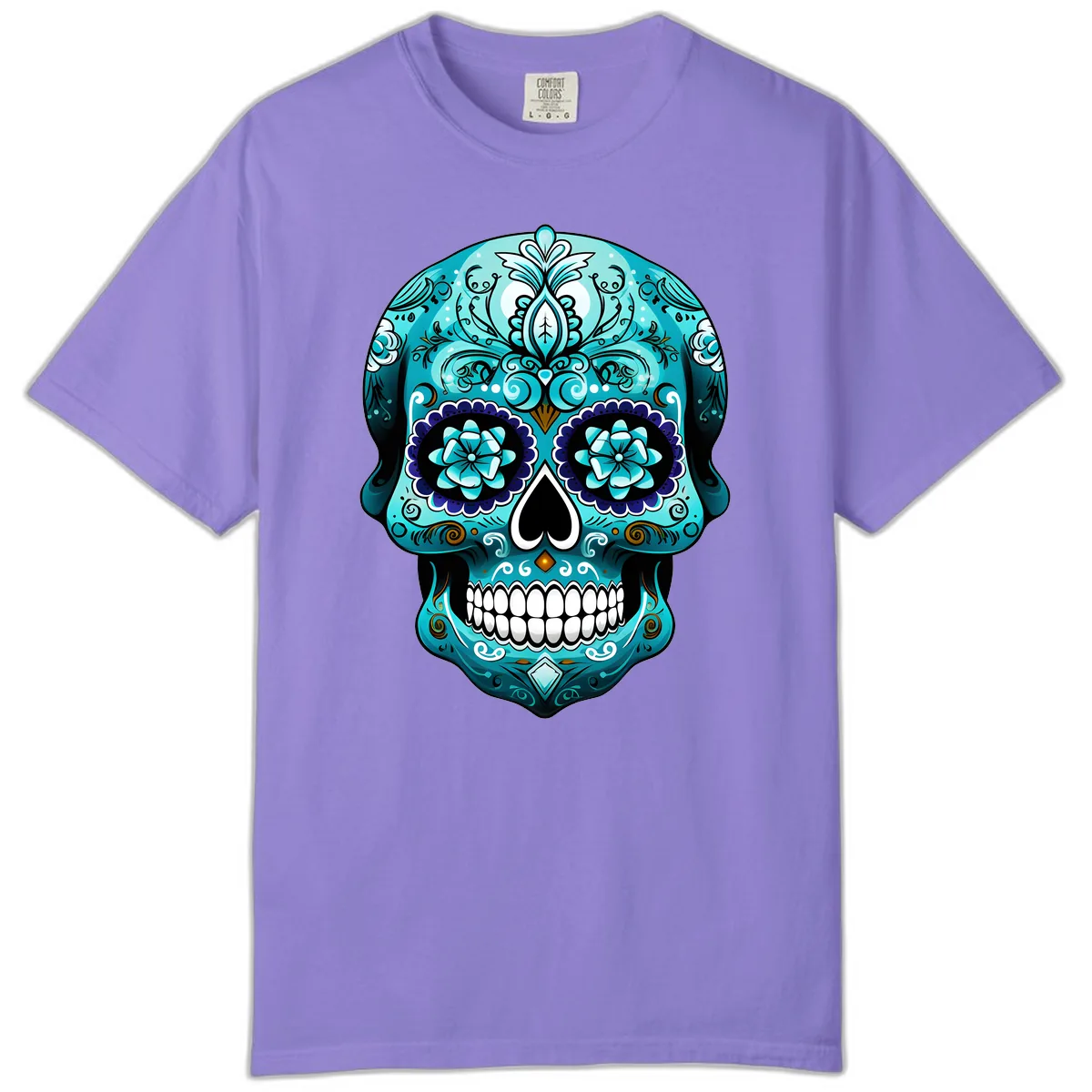 Ornate Teal Calavera Skull with Flowers Comfort Color in Violet