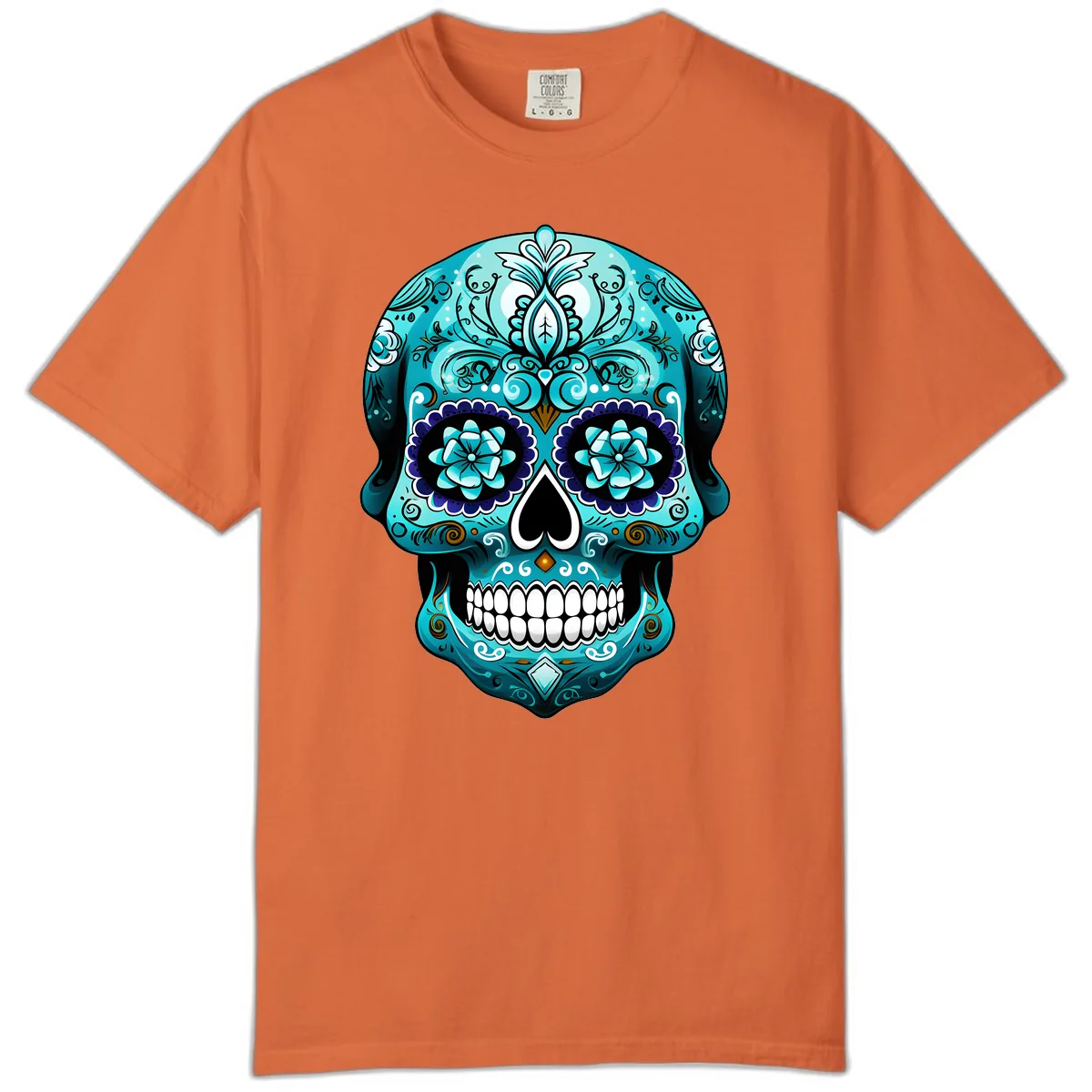 Ornate Teal Calavera Skull with Flowers Comfort Color in Burnt Orange