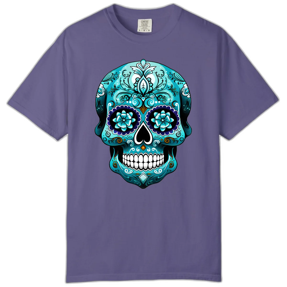 Ornate Teal Calavera Skull with Flowers Comfort Color in Grape
