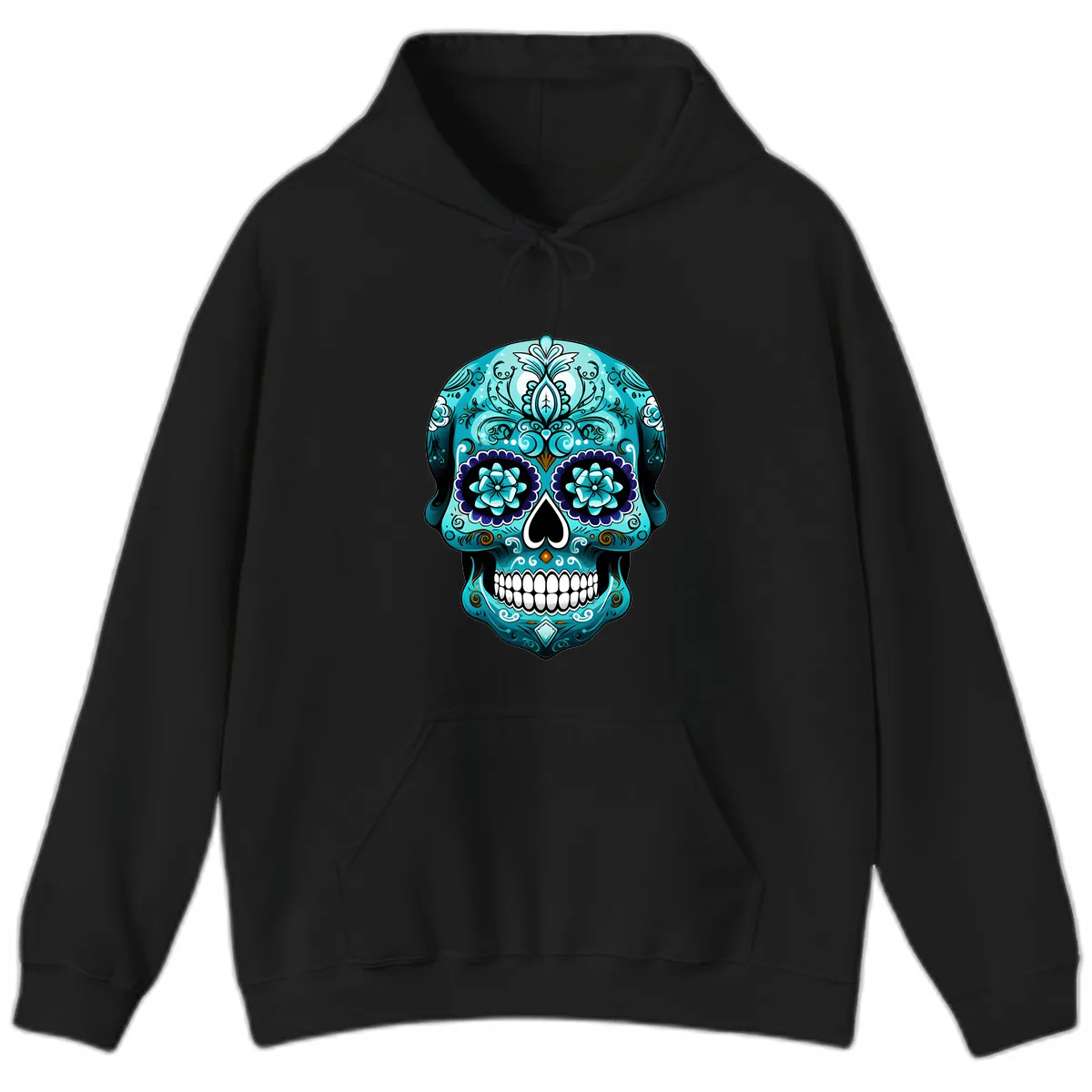 Ornate Teal Calavera Skull with Flowers Hoodie in Black