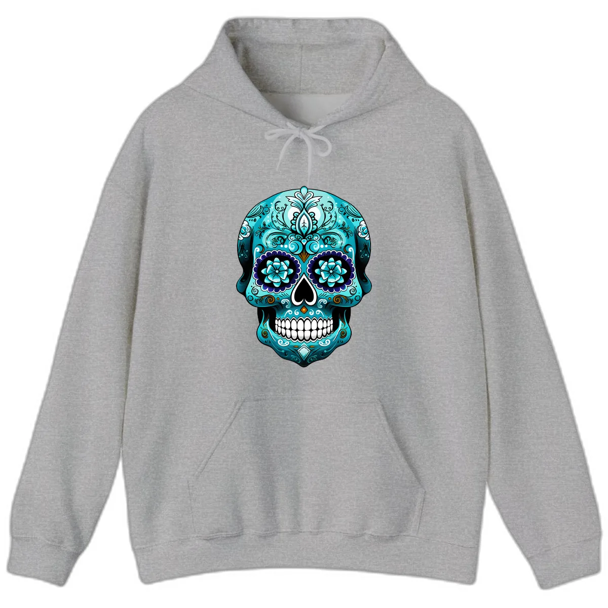 Ornate Teal Calavera Skull with Flowers Hoodie in Sport Grey