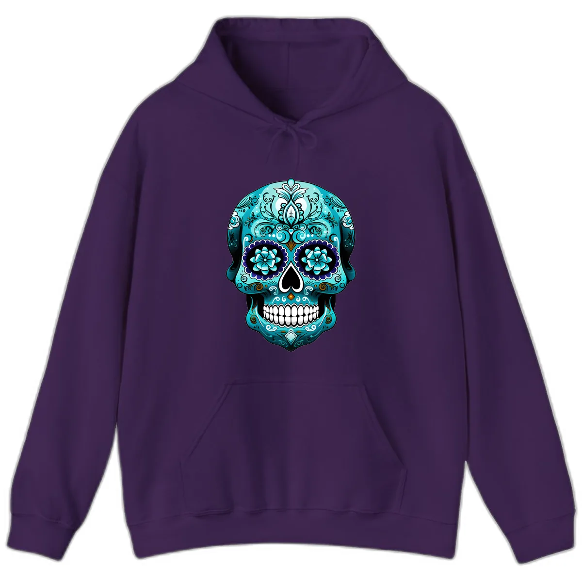 Ornate Teal Calavera Skull with Flowers Hoodie in Purple
