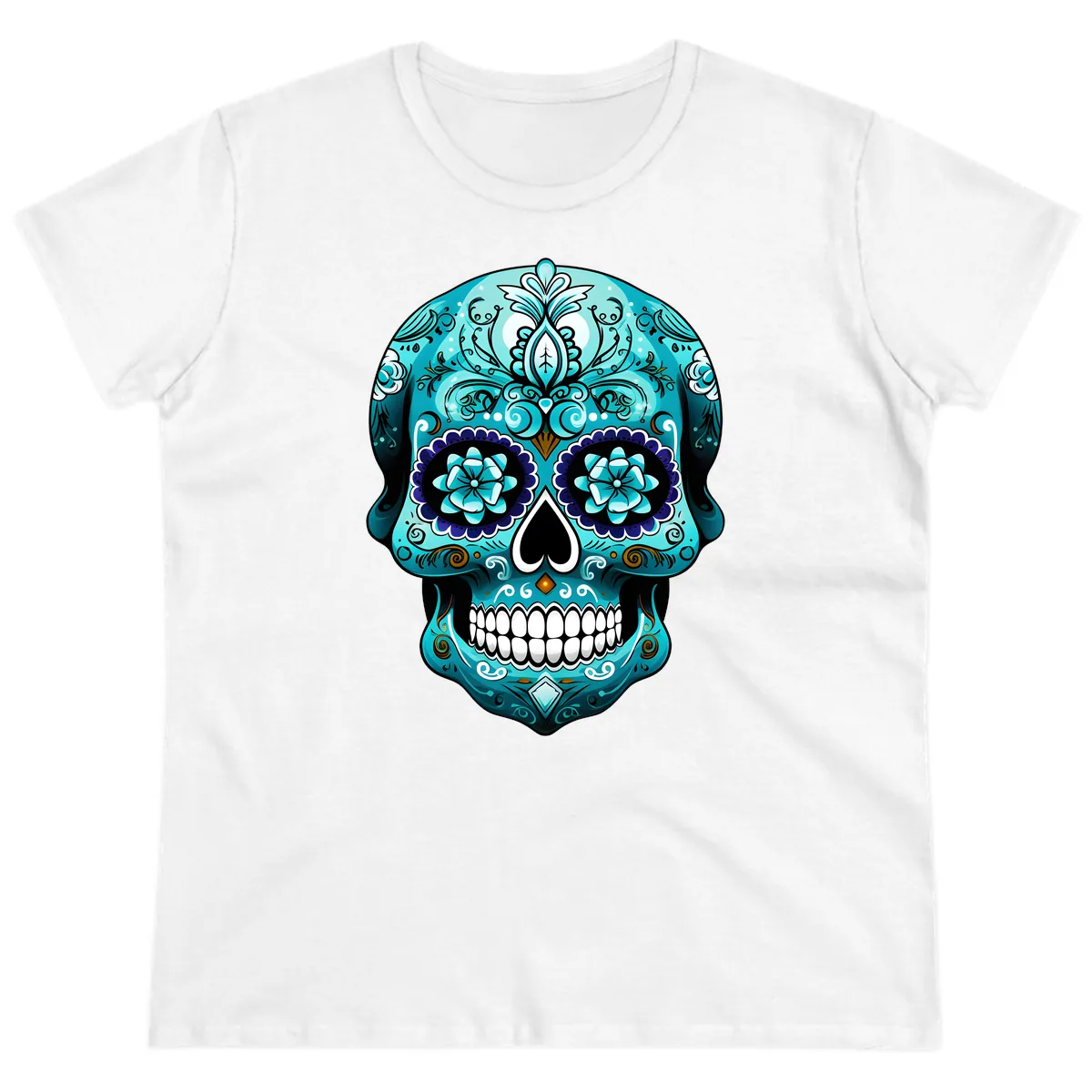 Ornate Teal Calavera Skull with Flowers Ladies Tee in White
