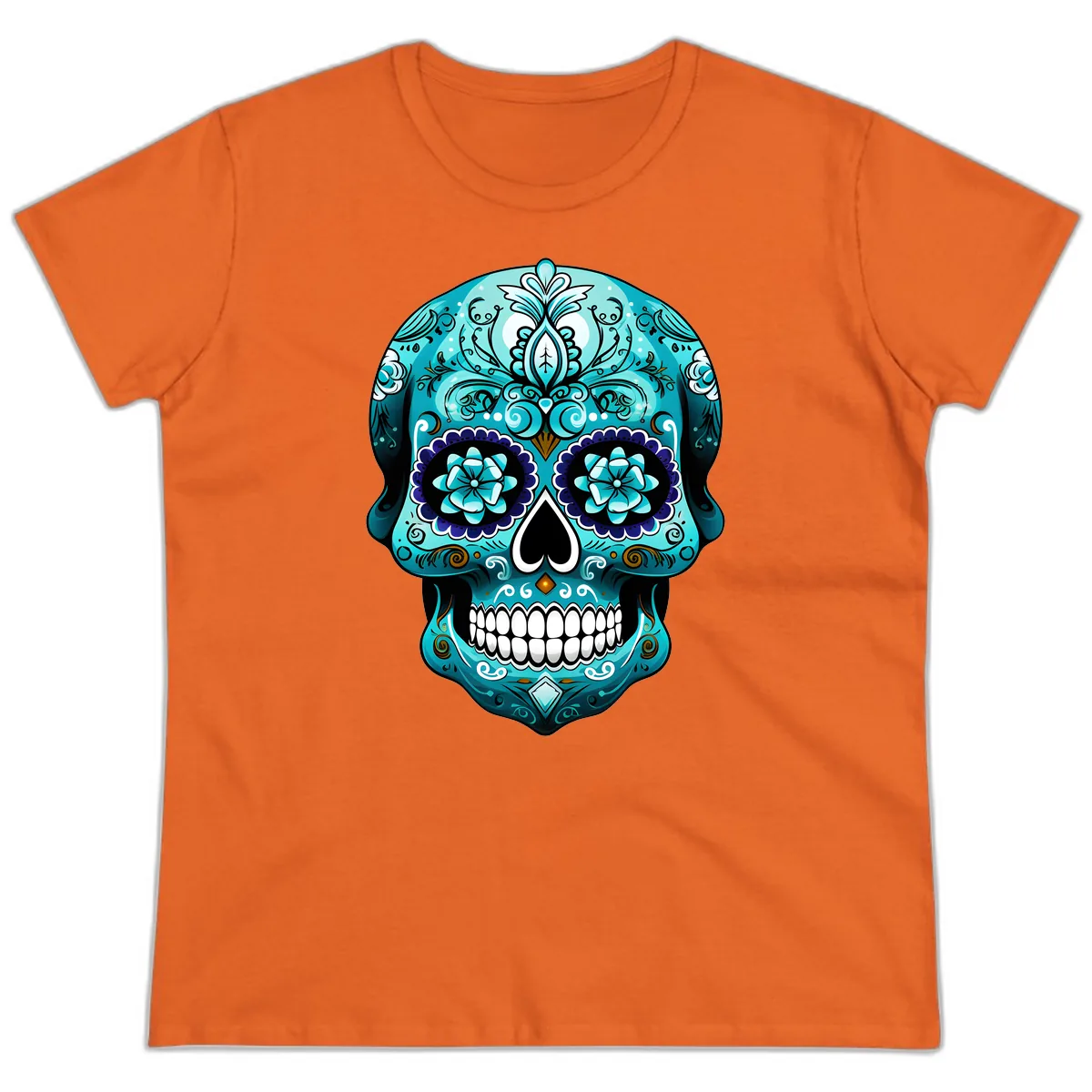 Ornate Teal Calavera Skull with Flowers Ladies Tee in Orange