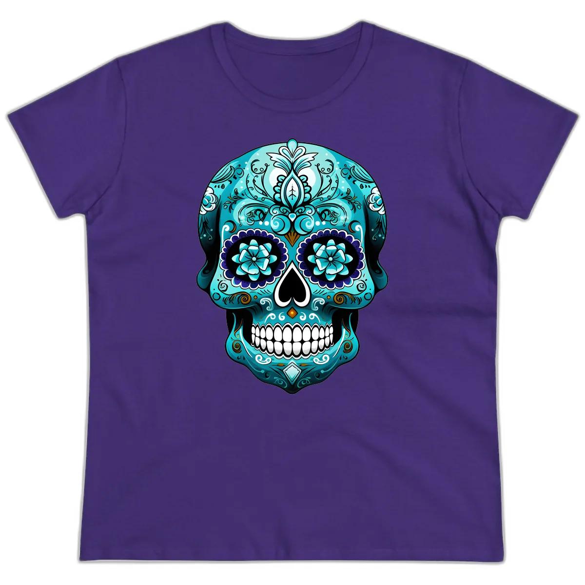 Ornate Teal Calavera Skull with Flowers Ladies Tee in Purple