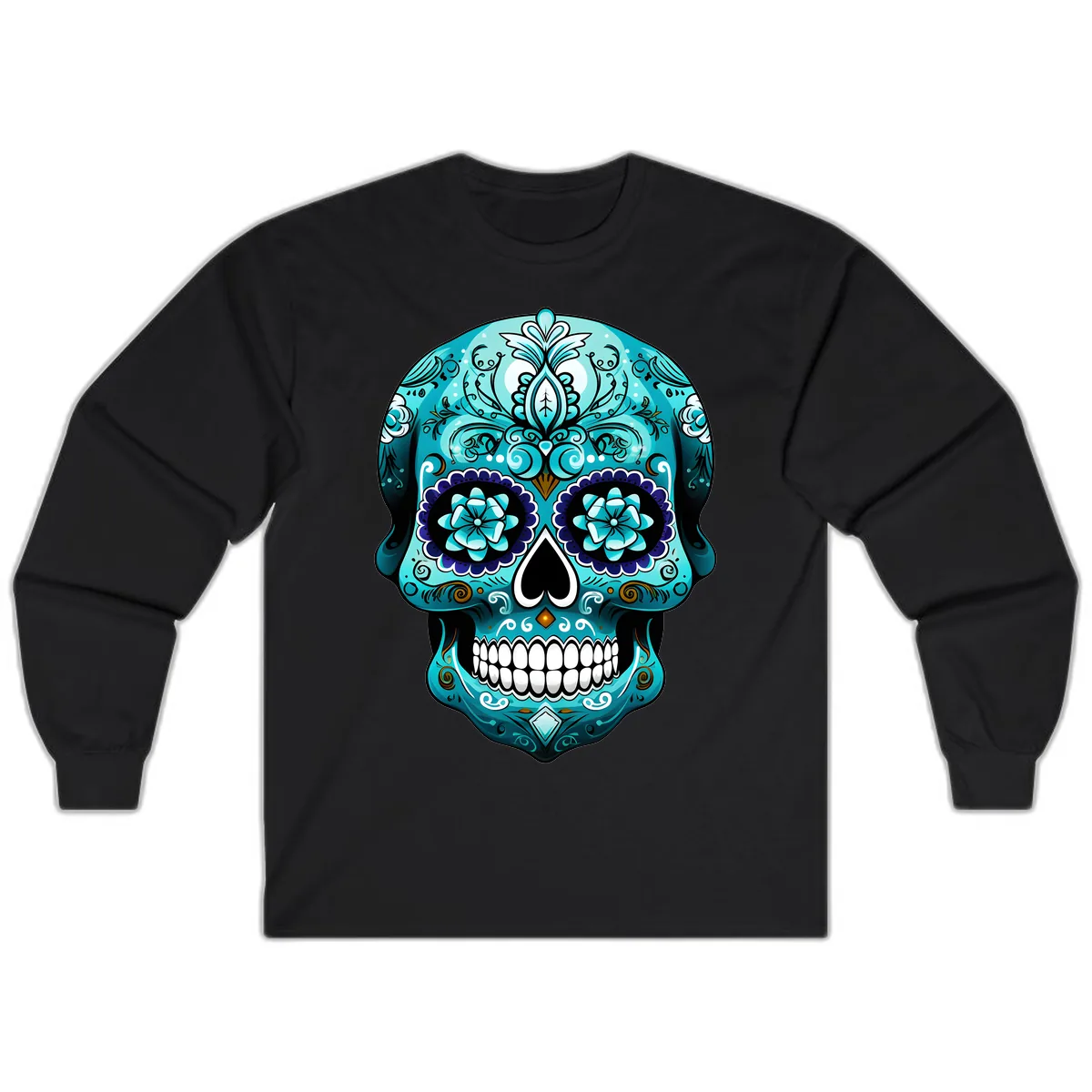 Ornate Teal Calavera Skull with Flowers Long Sleeve in Black