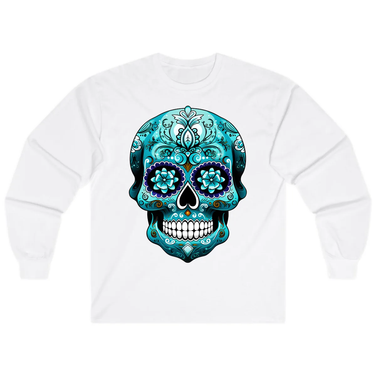 Ornate Teal Calavera Skull with Flowers Long Sleeve in White