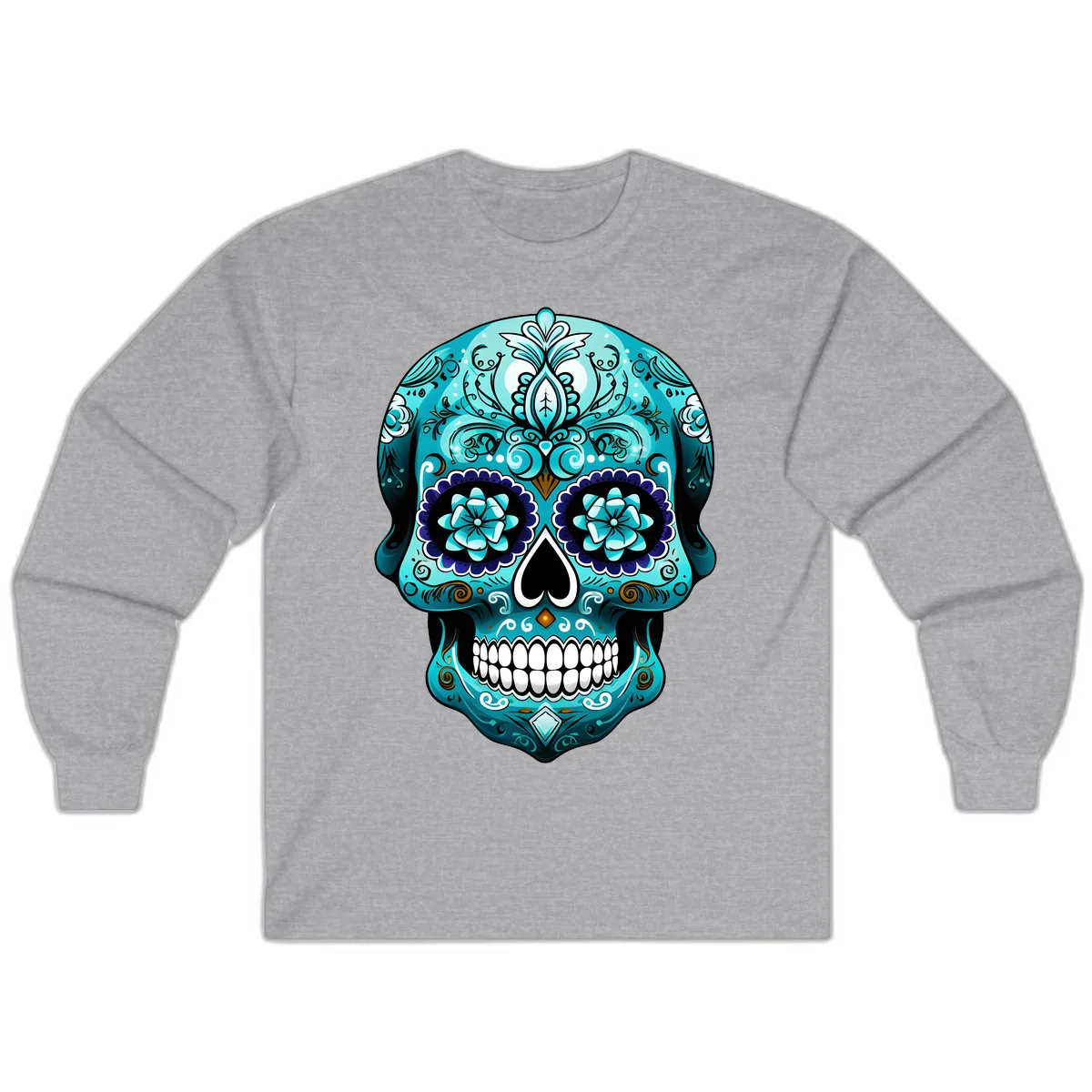 Ornate Teal Calavera Skull with Flowers Long Sleeve in Sport Grey