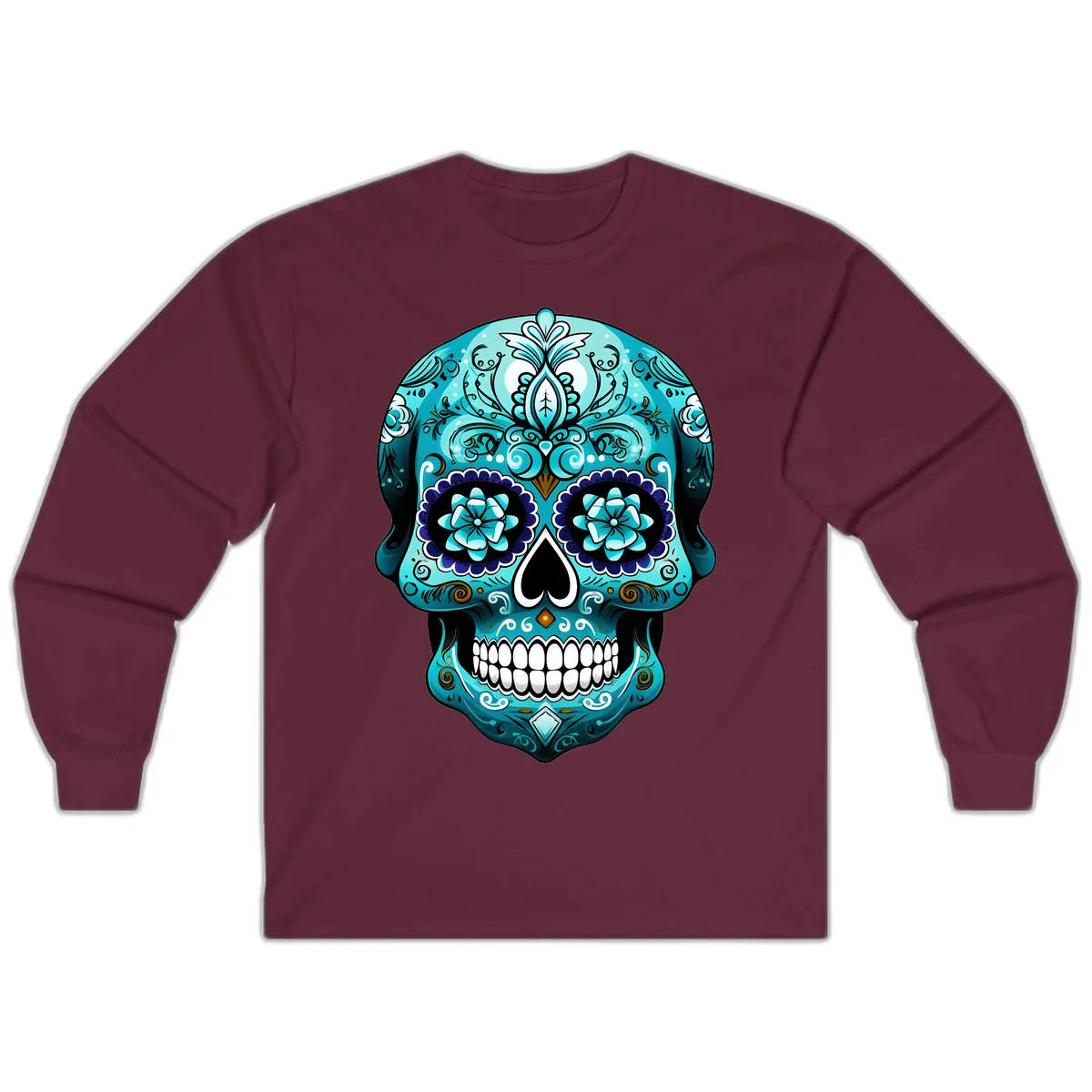 Ornate Teal Calavera Skull with Flowers Long Sleeve in Maroon