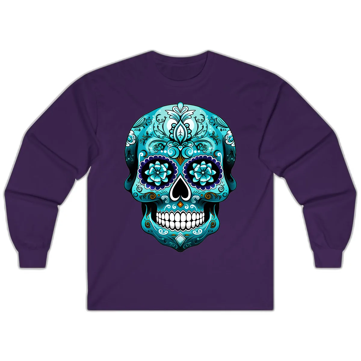 Ornate Teal Calavera Skull with Flowers Long Sleeve in Purple