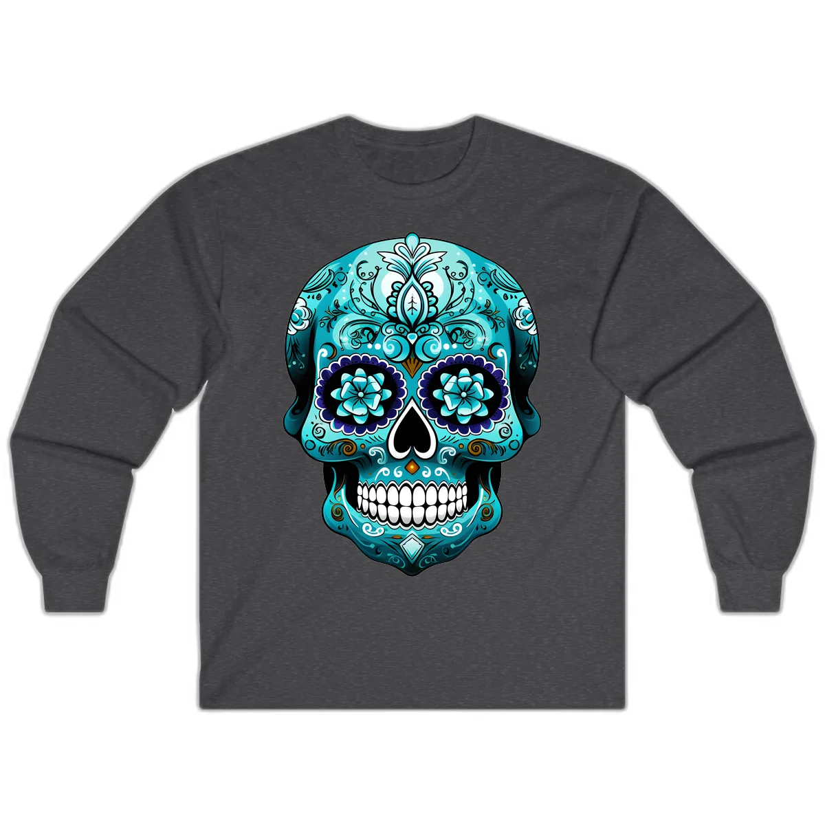 Ornate Teal Calavera Skull with Flowers Long Sleeve in Dark Heather