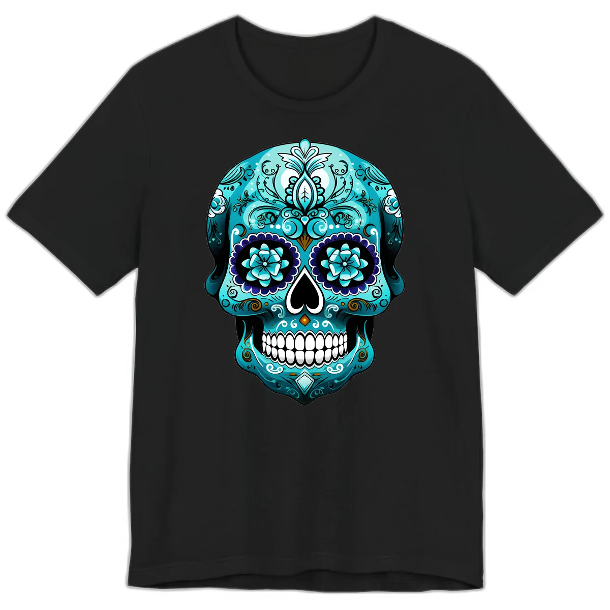 Ornate Teal Calavera Skull with Flowers Premium T-Shirt in Black