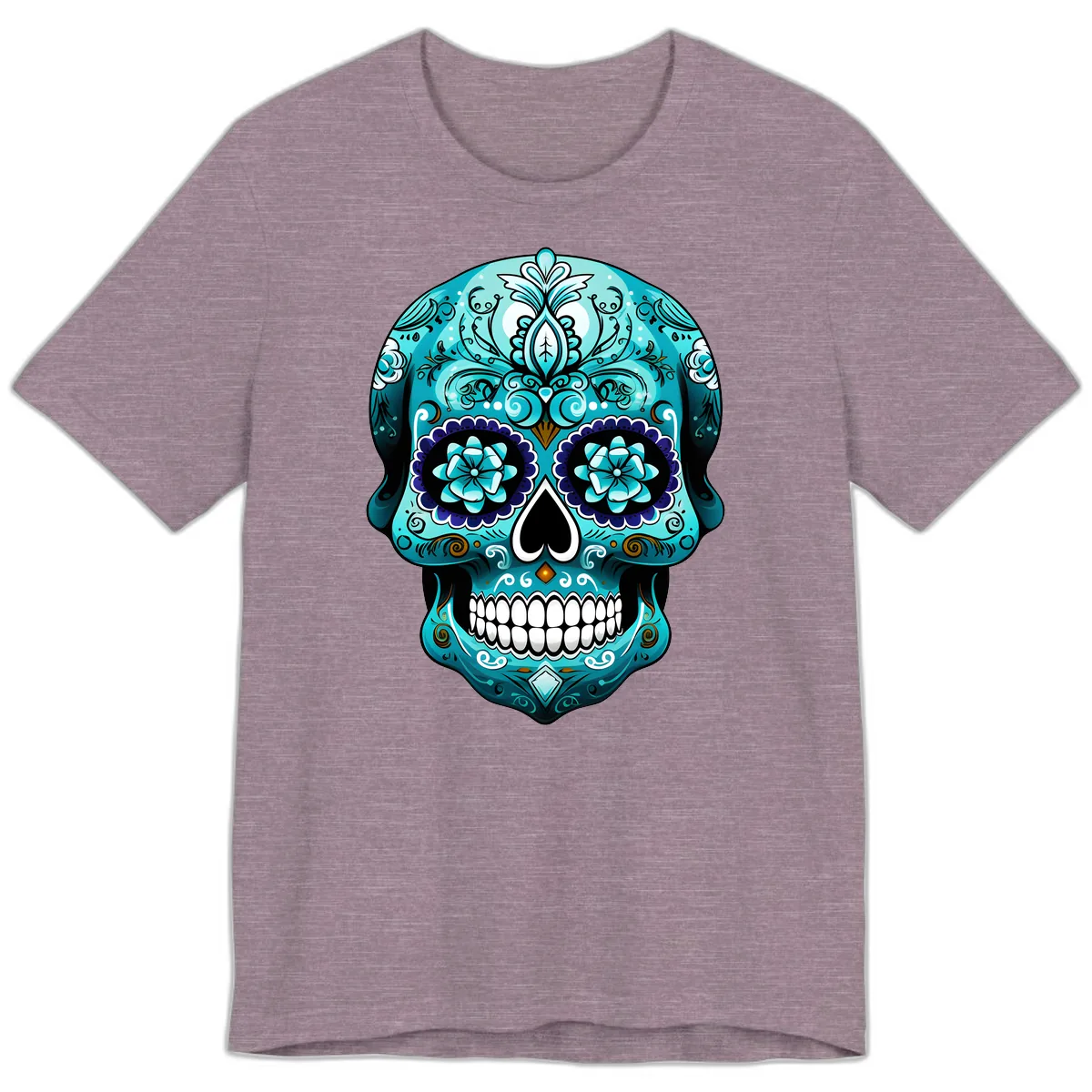Ornate Teal Calavera Skull with Flowers Premium T-Shirt in Heather Purple