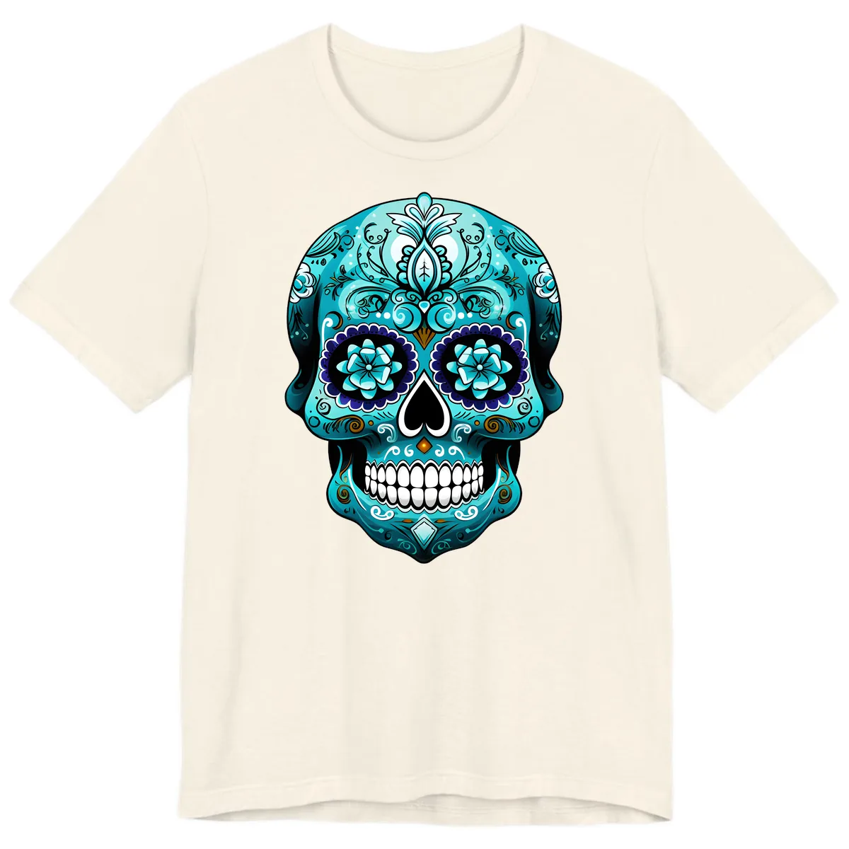 Ornate Teal Calavera Skull with Flowers Premium T-Shirt in Natural