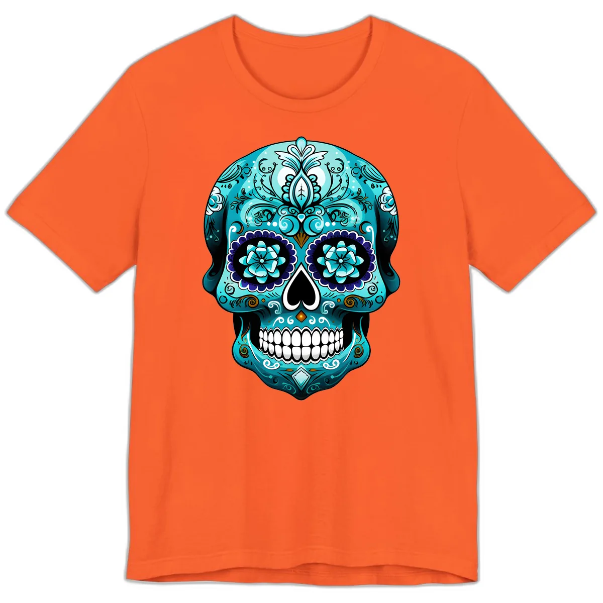 Ornate Teal Calavera Skull with Flowers Premium T-Shirt in Orange