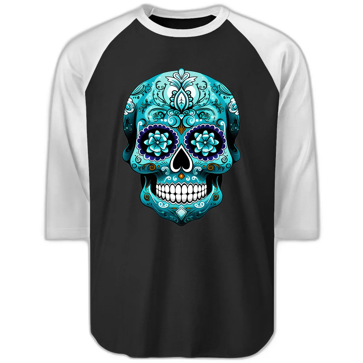 Ornate Teal Calavera Skull with Flowers Raglan 3/4 in Black White
