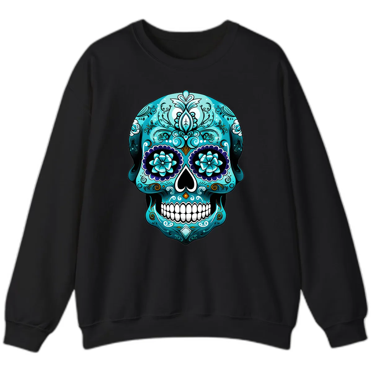 Ornate Teal Calavera Skull with Flowers Sweatshirt in Black