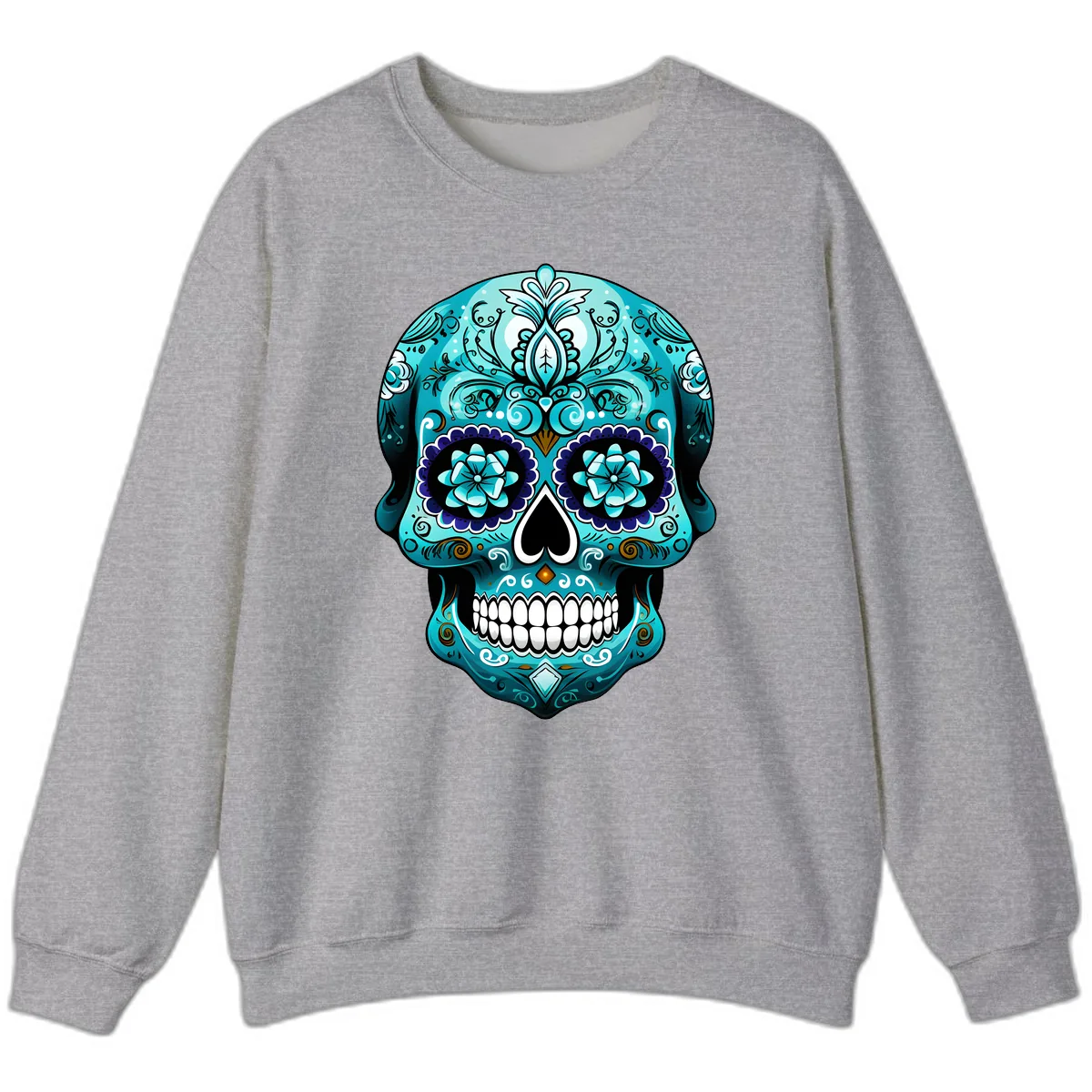 Ornate Teal Calavera Skull with Flowers Sweatshirt in Sport Grey