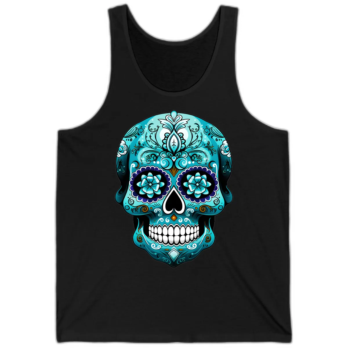 Ornate Teal Calavera Skull with Flowers Tank in Black