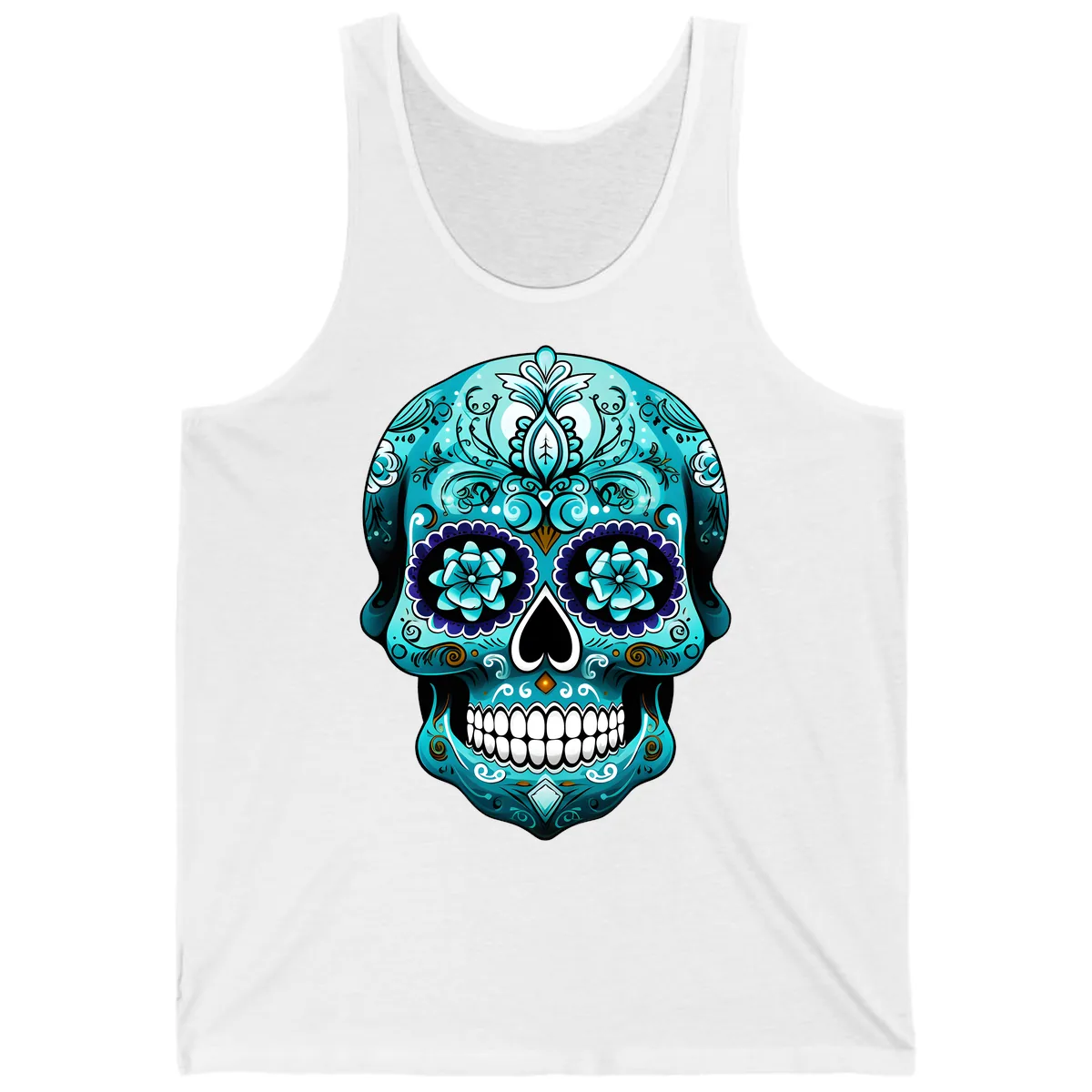 Ornate Teal Calavera Skull with Flowers Tank in White