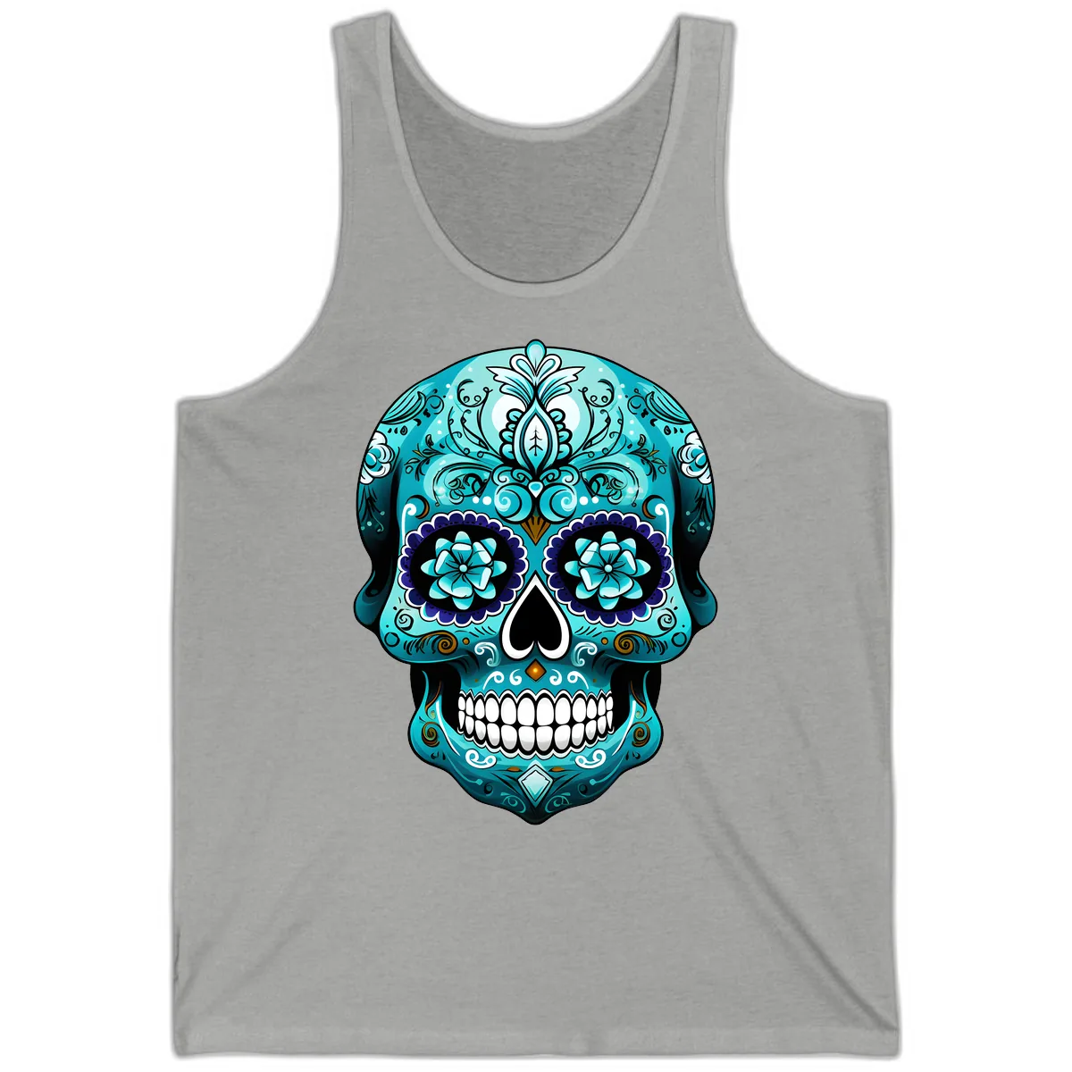 Ornate Teal Calavera Skull with Flowers Tank in Athletic Heather