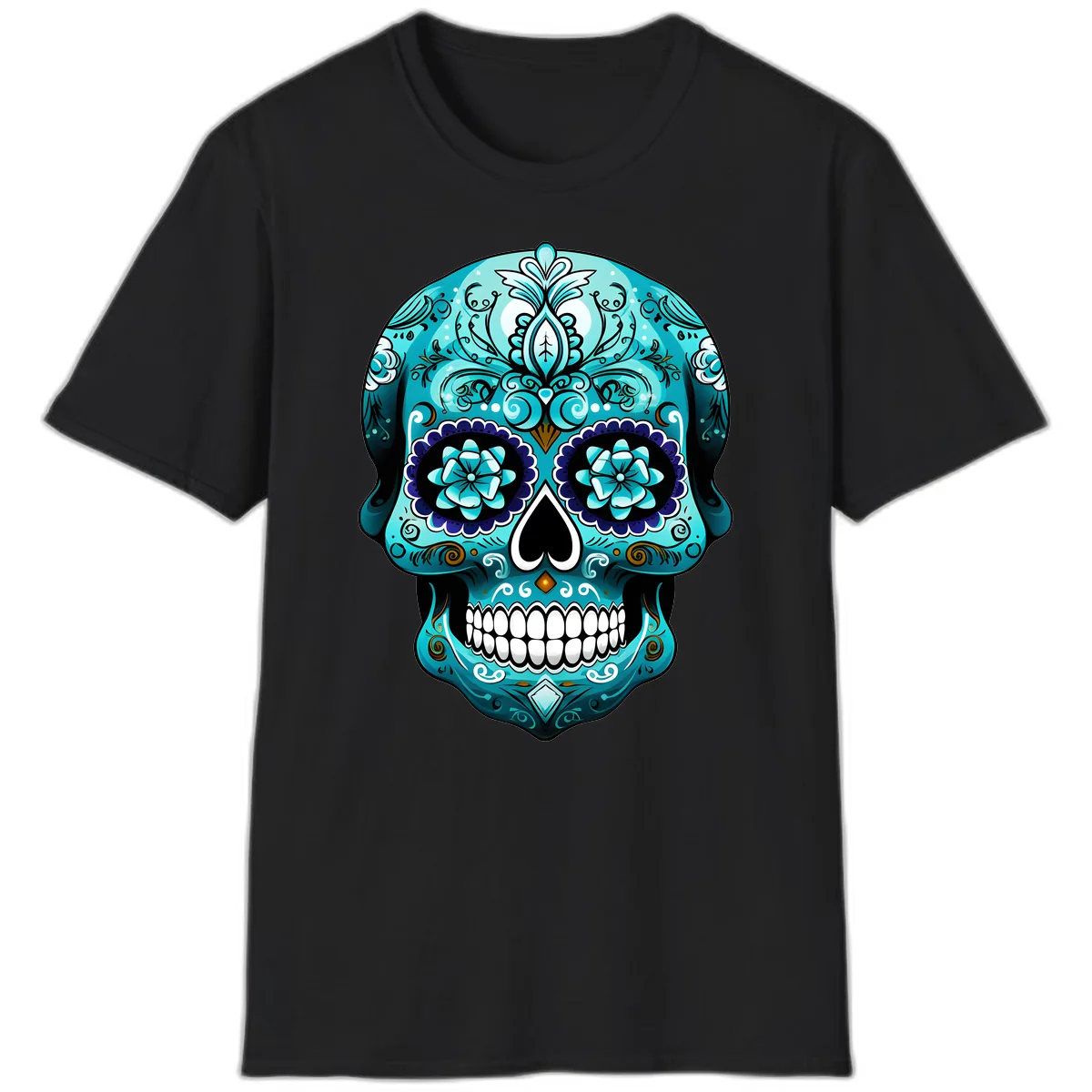Ornate Teal Calavera Skull with Flowers T-Shirt in Black