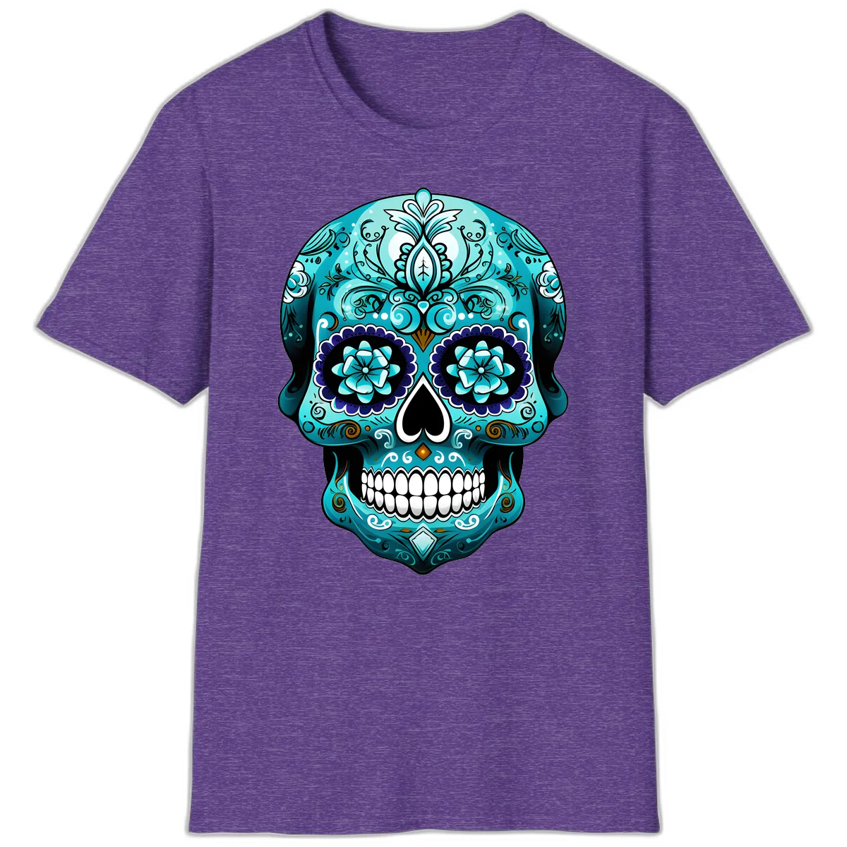 Ornate Teal Calavera Skull with Flowers T-Shirt in Heather Purple
