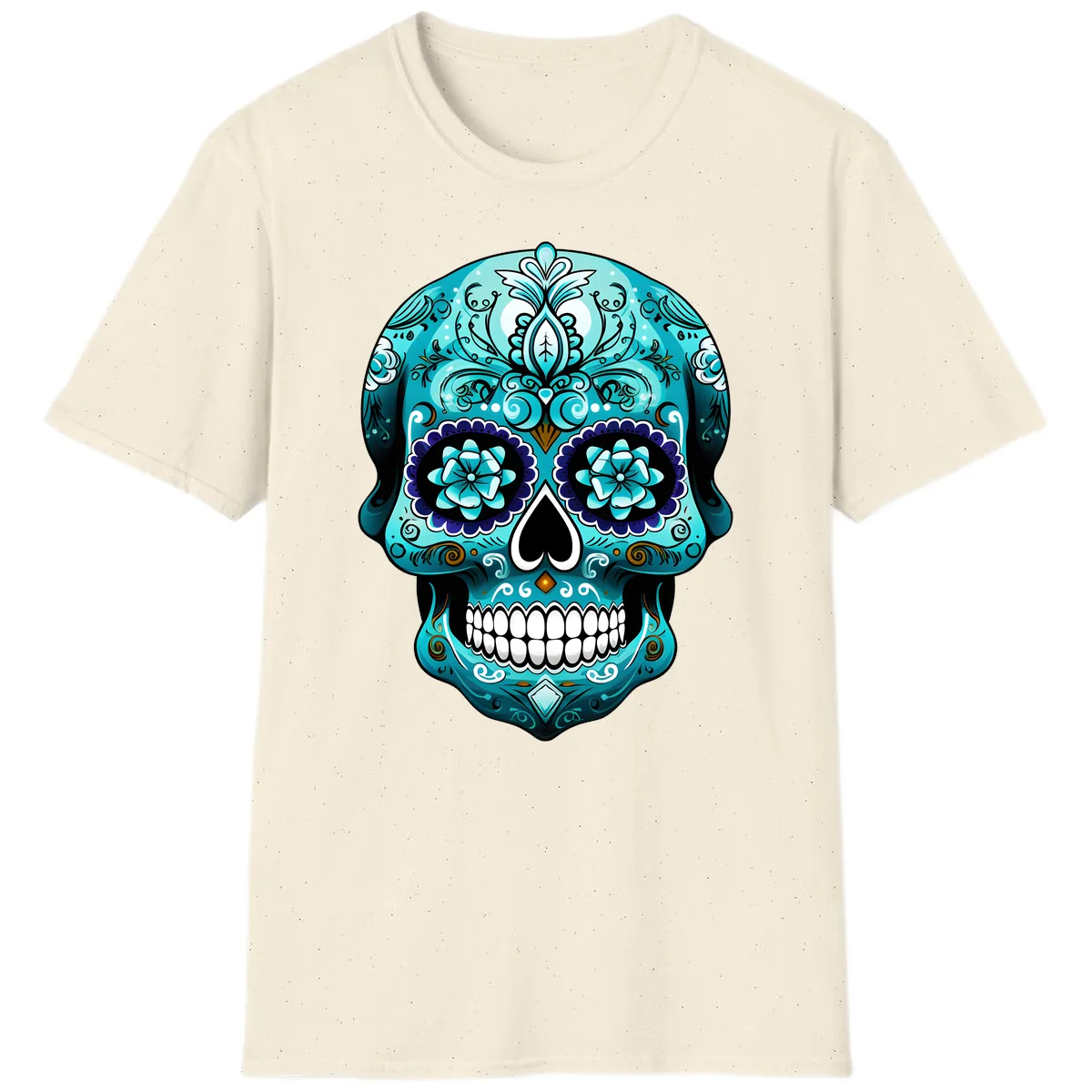 Ornate Teal Calavera Skull with Flowers T-Shirt in Natural