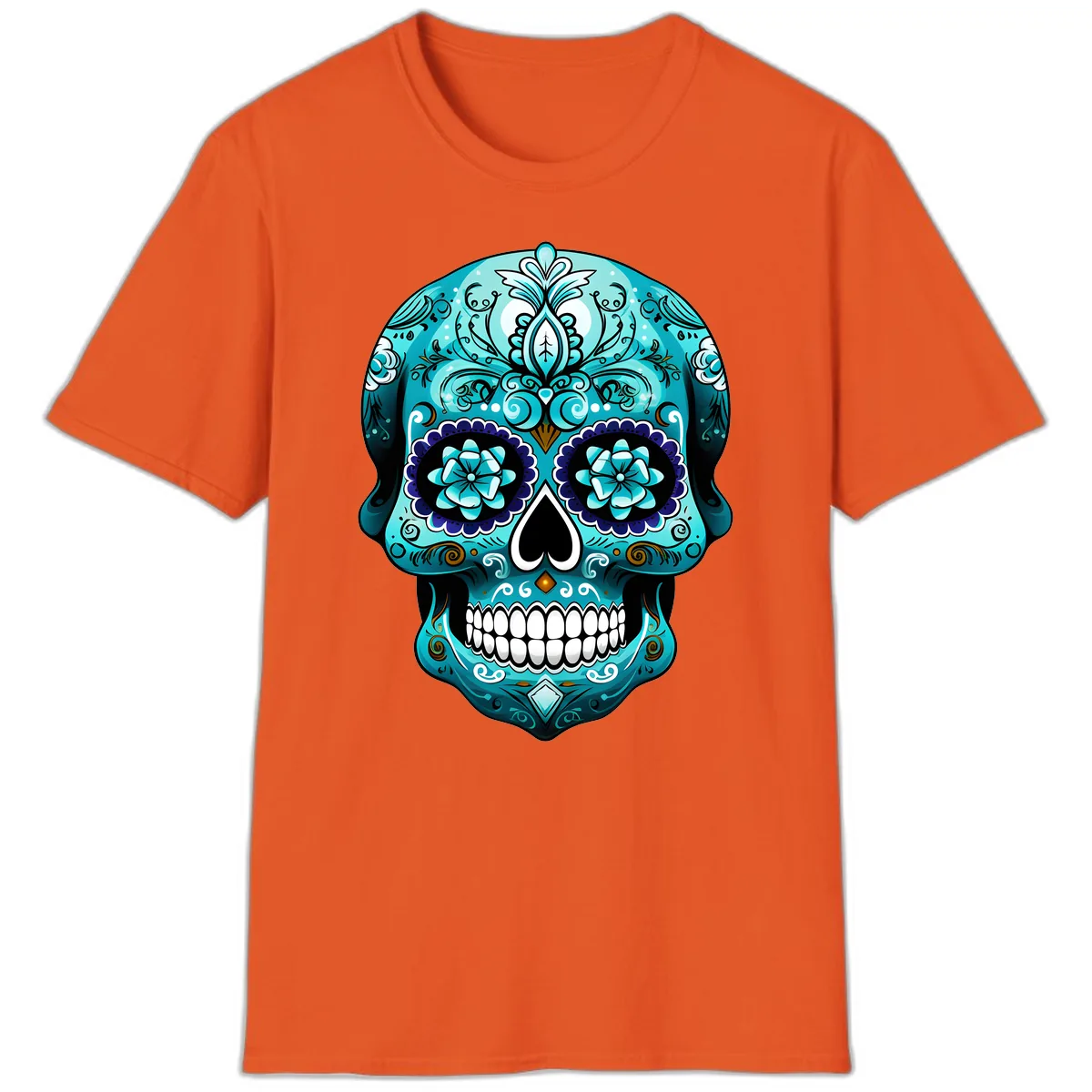 Ornate Teal Calavera Skull with Flowers T-Shirt in Orange