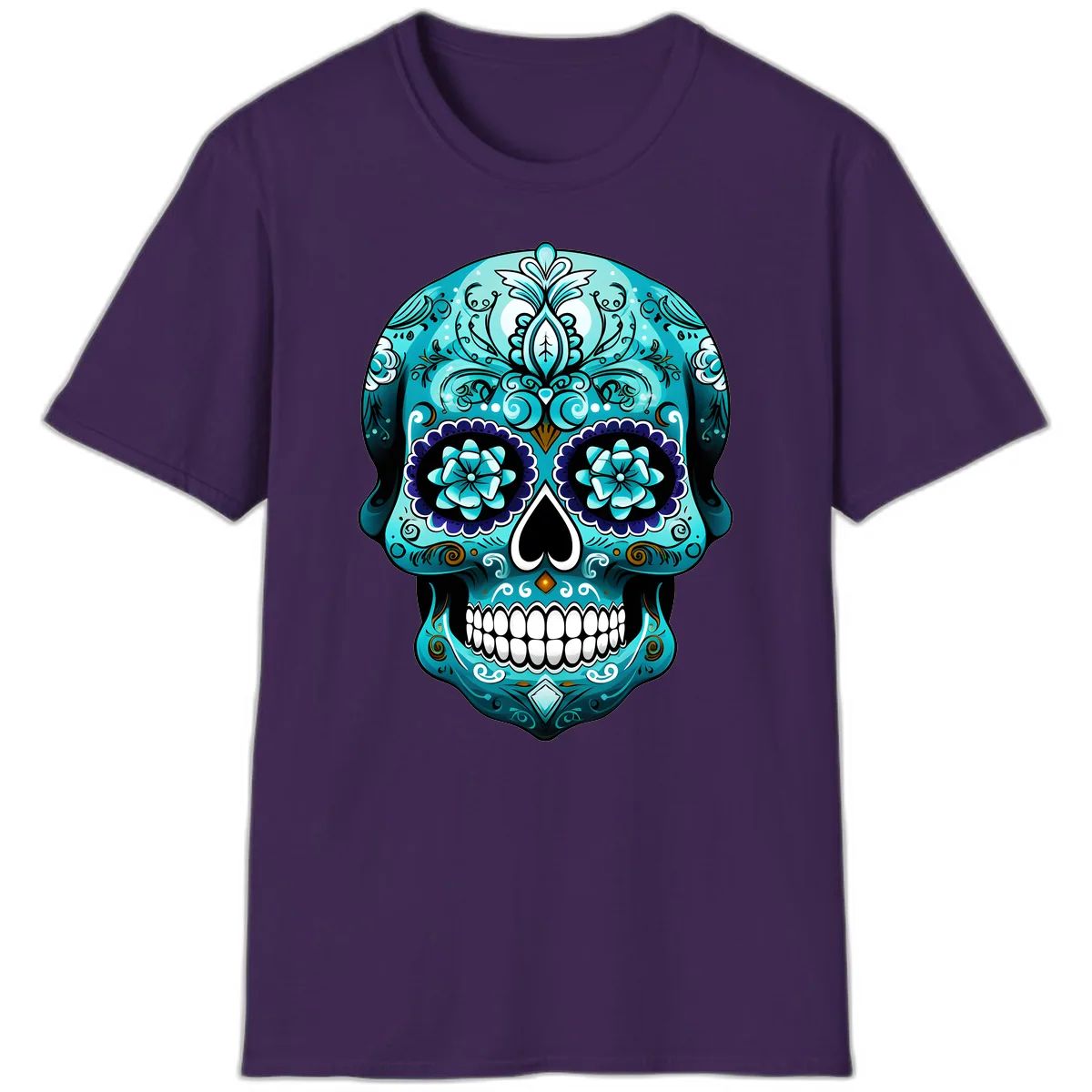 Ornate Teal Calavera Skull with Flowers T-Shirt in Purple