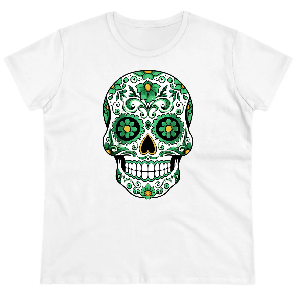 Emerald Calavera Sugar Skull Ladies Tee in White
