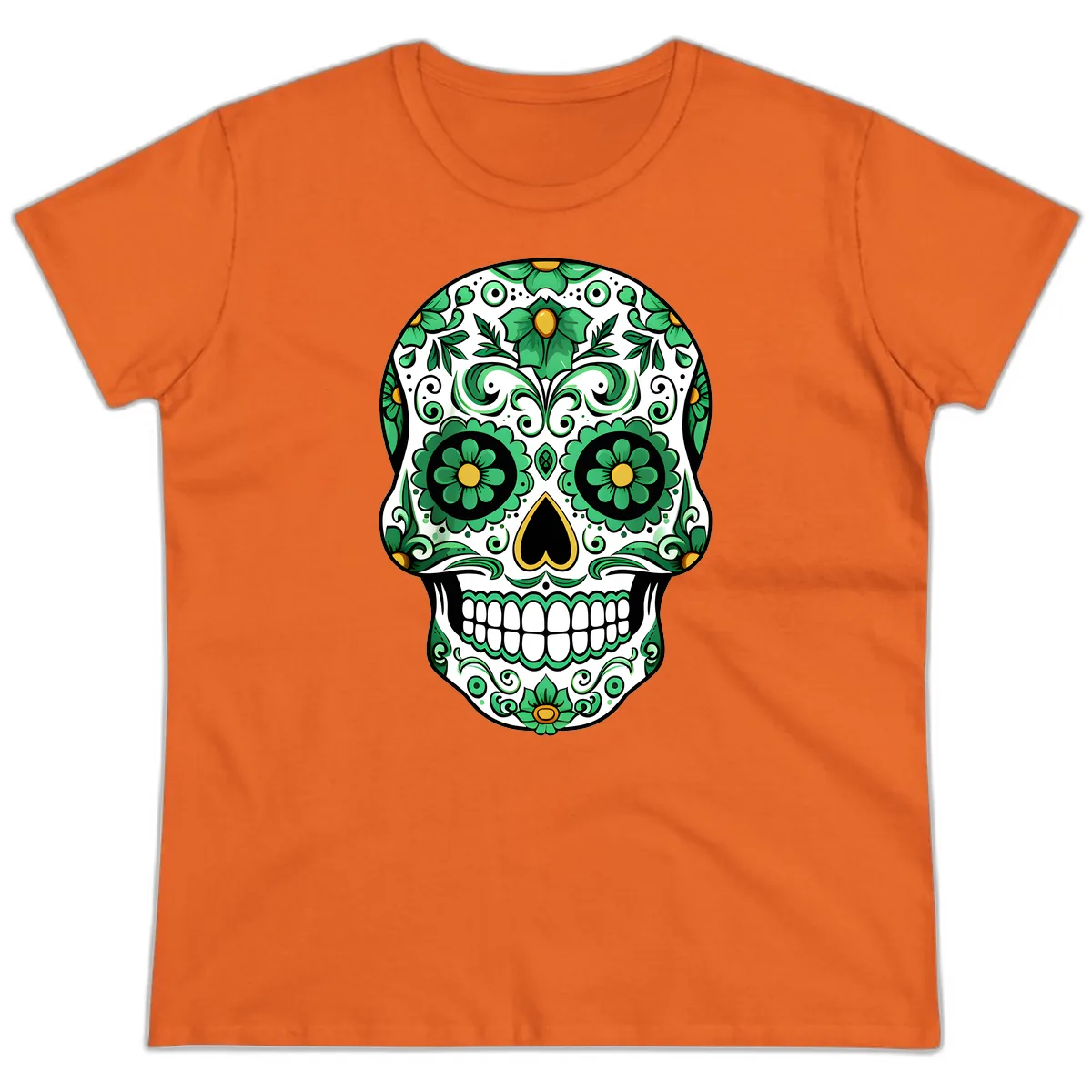 Emerald Calavera Sugar Skull Ladies Tee in Orange
