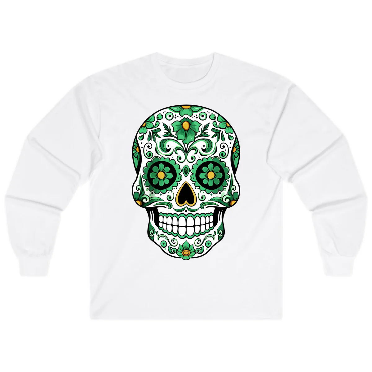 Emerald Calavera Sugar Skull Long Sleeve in White