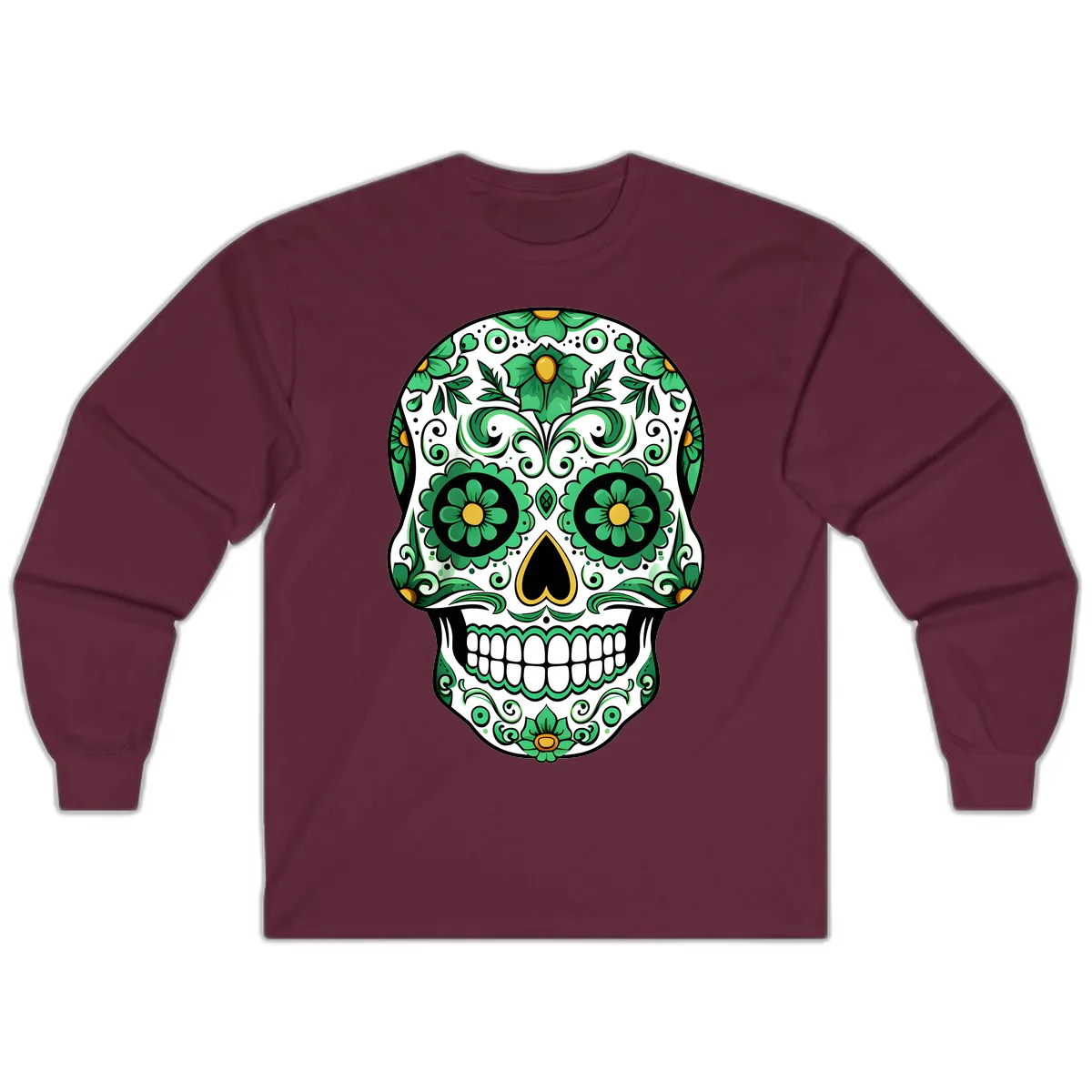 Emerald Calavera Sugar Skull Long Sleeve in Maroon