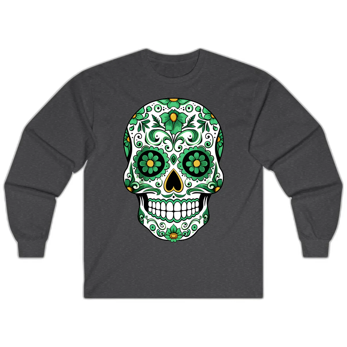 Emerald Calavera Sugar Skull Long Sleeve in Dark Heather