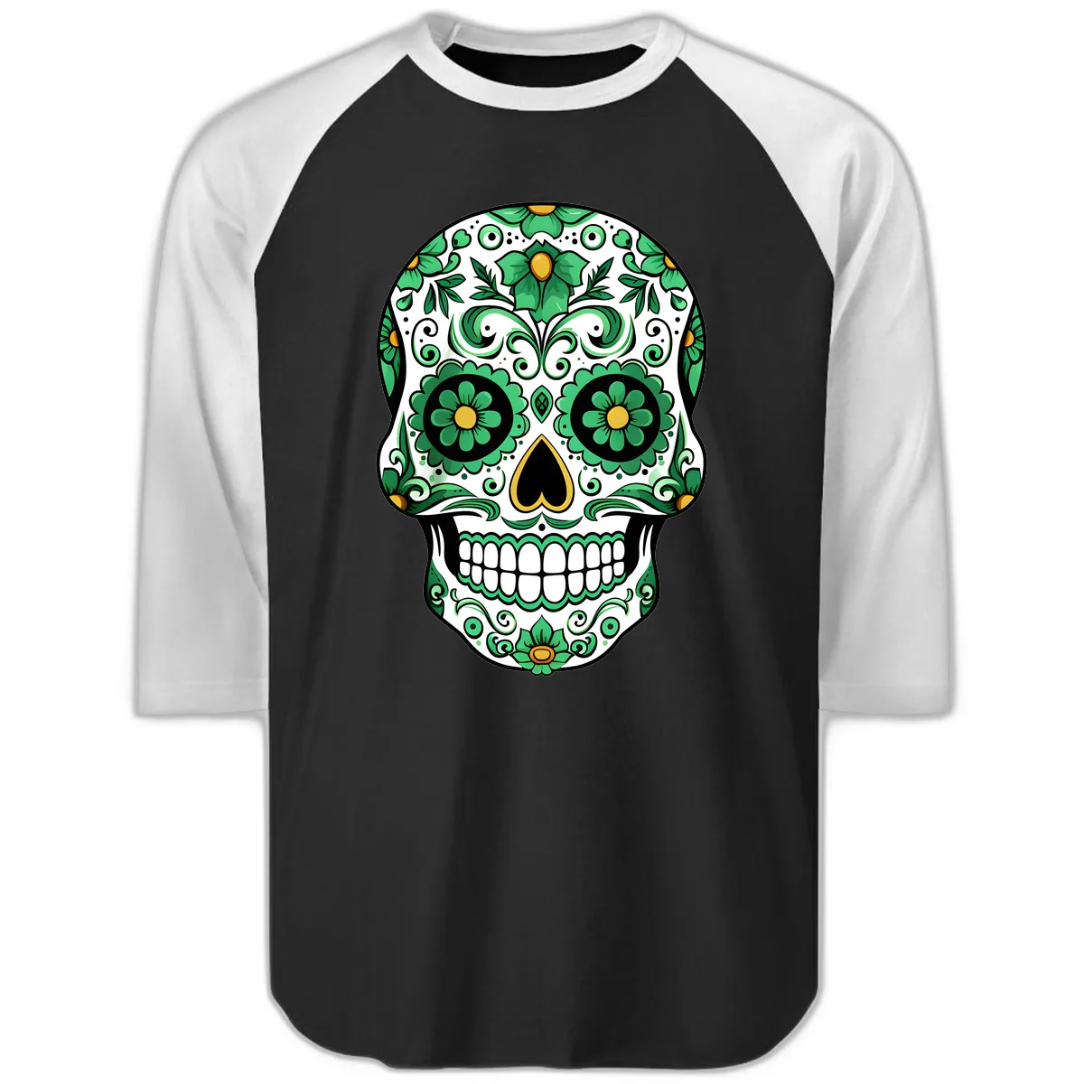 Emerald Calavera Sugar Skull Raglan 3/4 in Black White