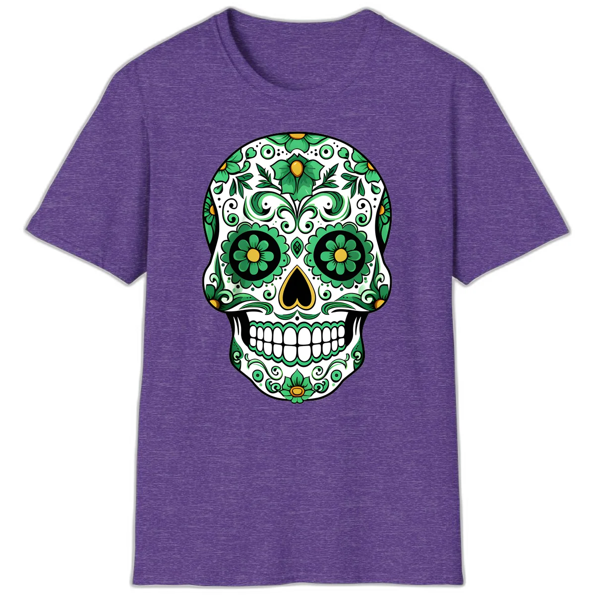 Emerald Calavera Sugar Skull T-Shirt in Heather Purple