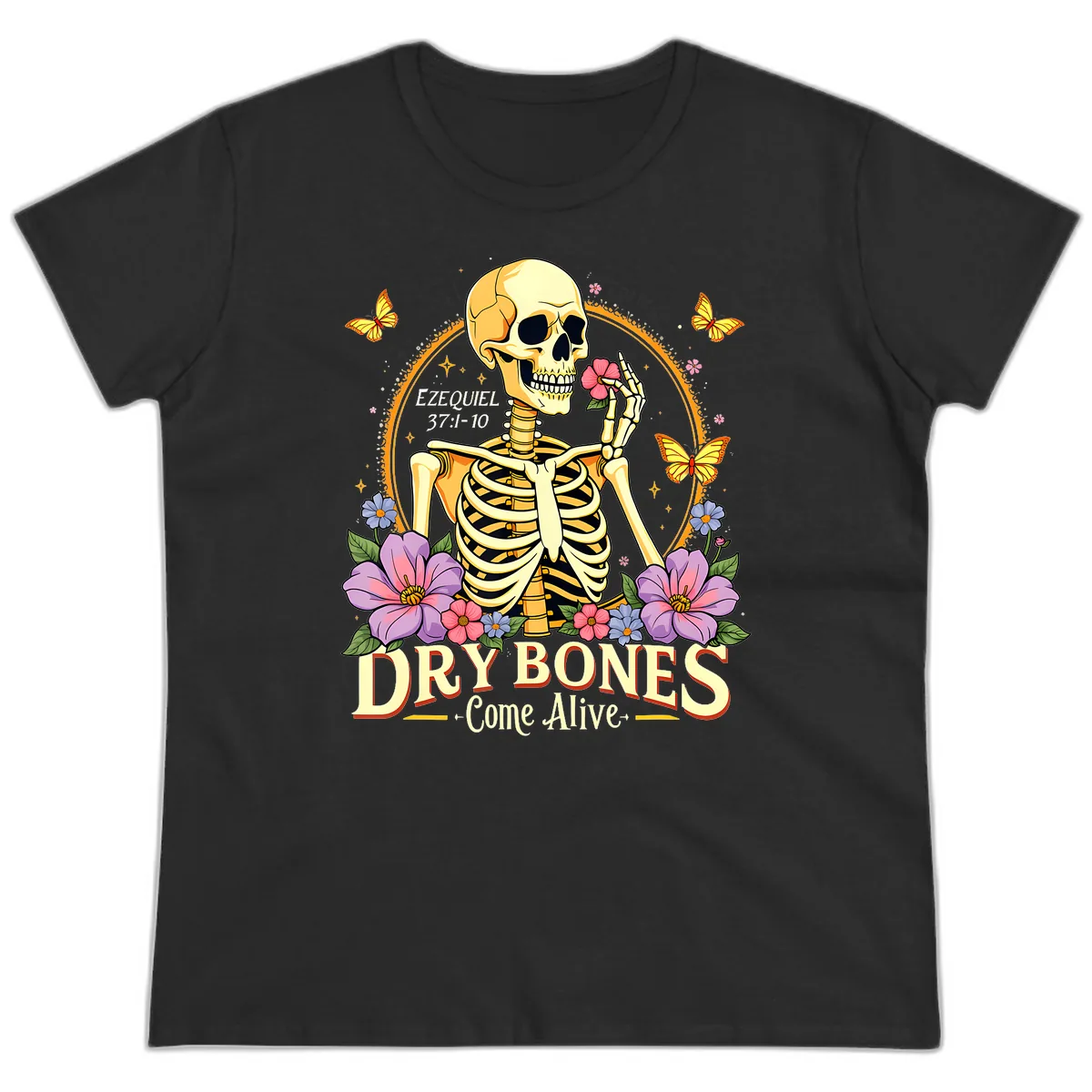 Dry Bones Come Alive Biblical Art Ladies Tee in Black