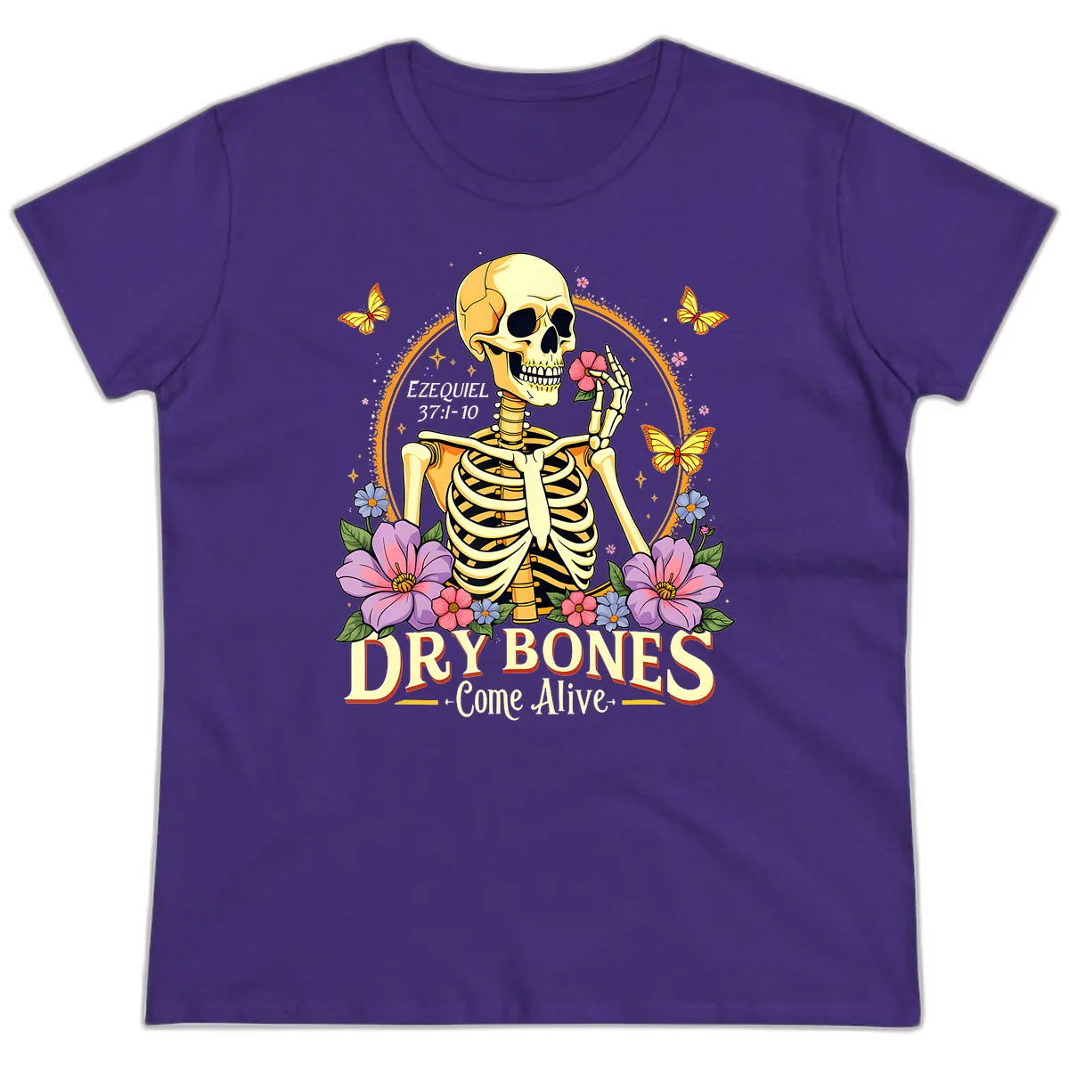 Dry Bones Come Alive Biblical Art Ladies Tee in Purple