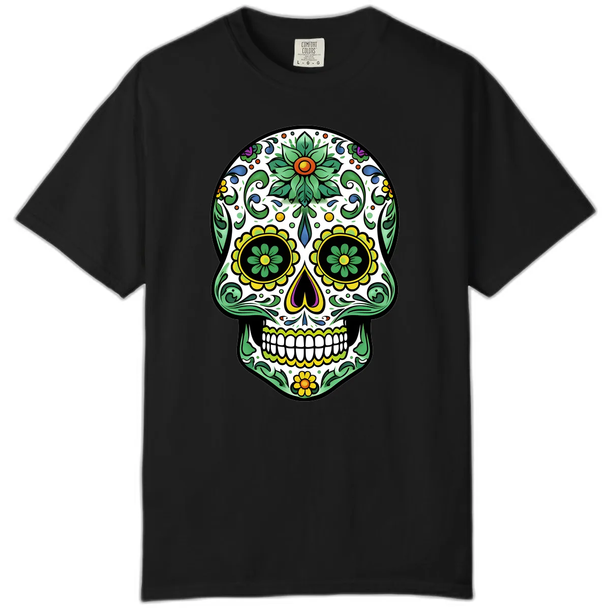 Ornate Floral Calavera Sugar Skull Illustration Comfort Color in Black