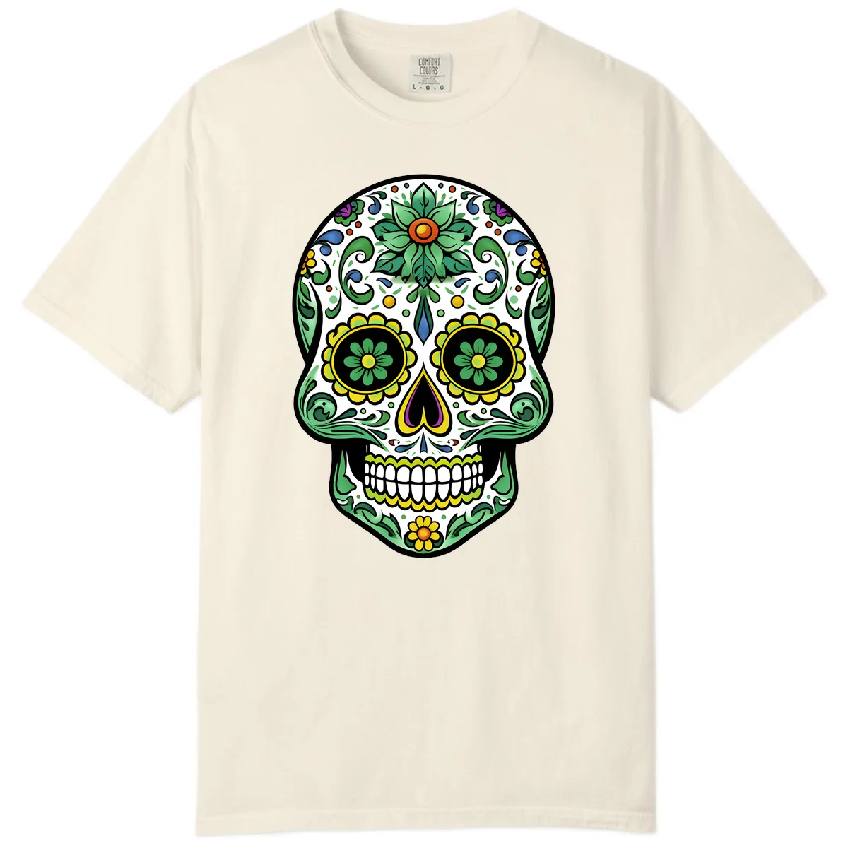 Ornate Floral Calavera Sugar Skull Illustration Comfort Color in Ivory