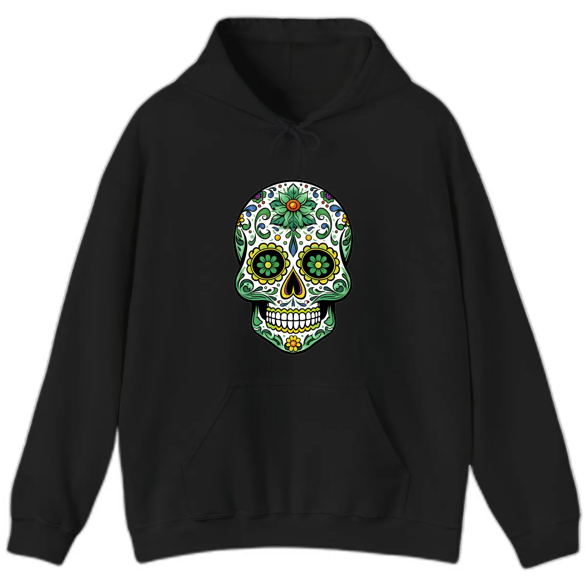 Ornate Floral Calavera Sugar Skull Illustration Hoodie in Black
