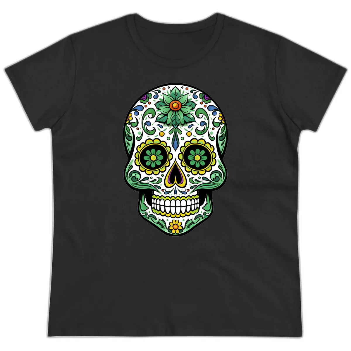 Ornate Floral Calavera Sugar Skull Illustration Ladies Tee in Black