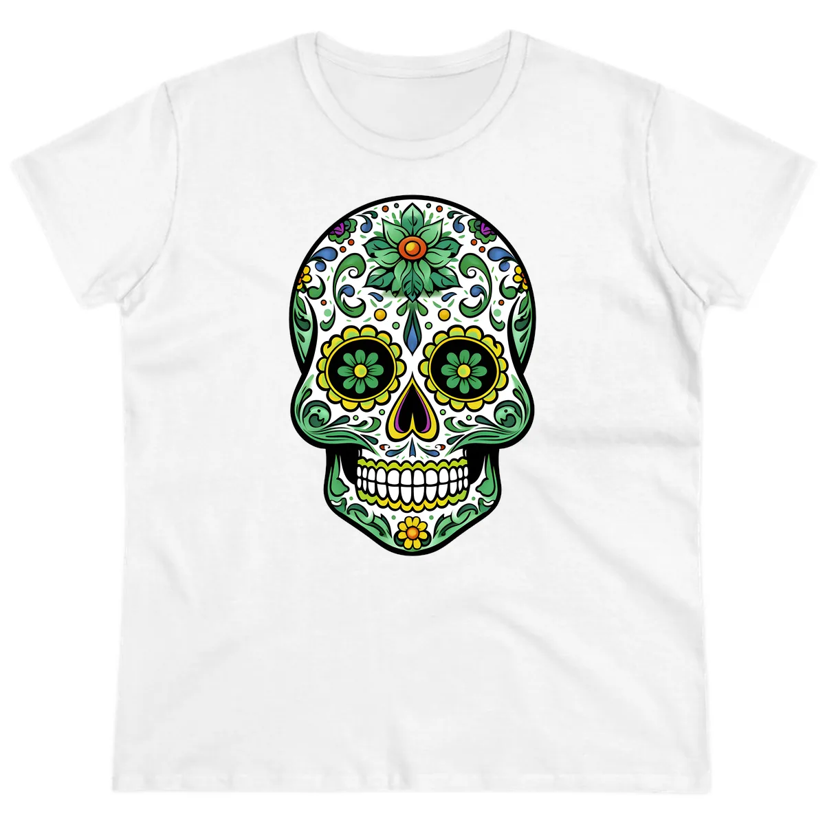 Ornate Floral Calavera Sugar Skull Illustration Ladies Tee in White