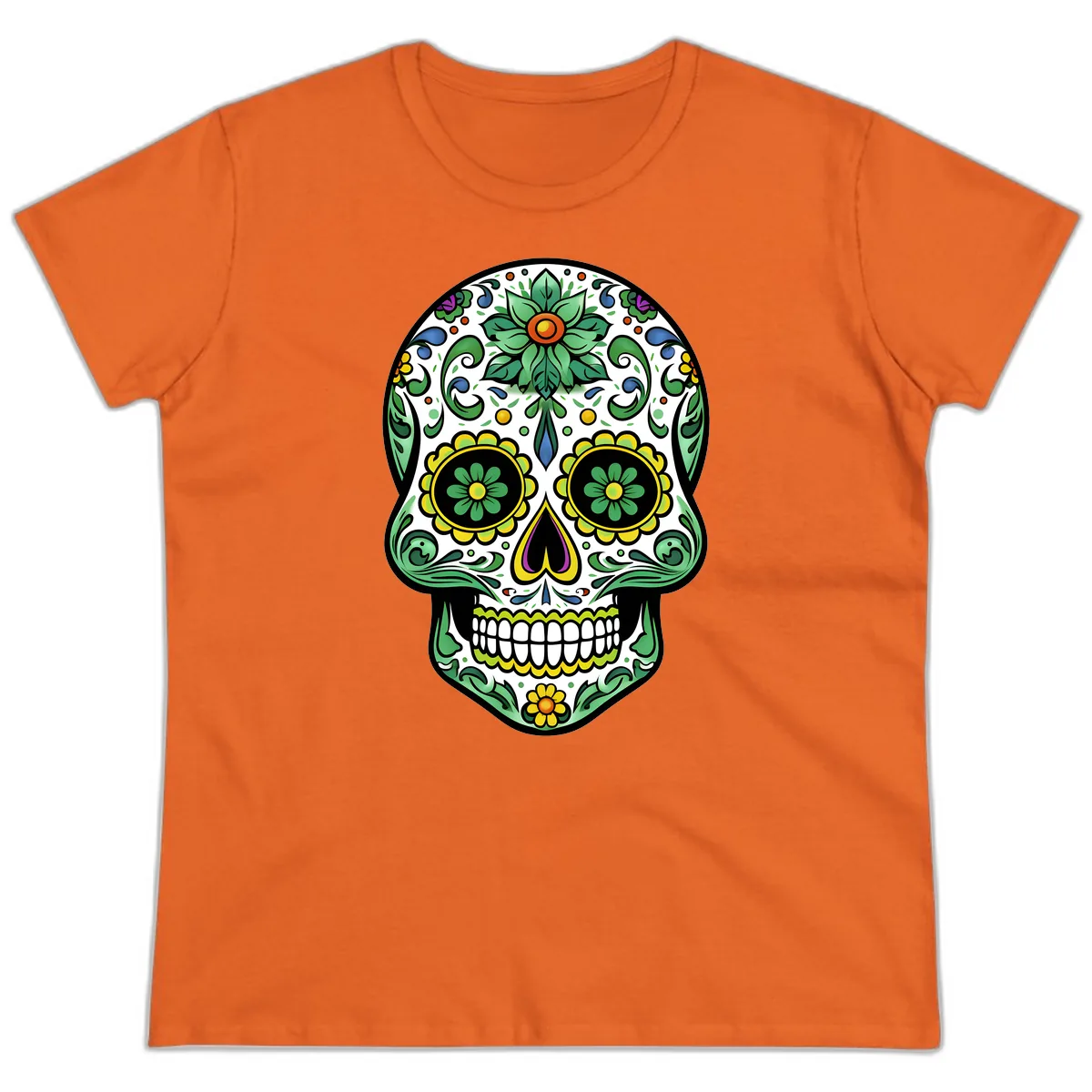 Ornate Floral Calavera Sugar Skull Illustration Ladies Tee in Orange
