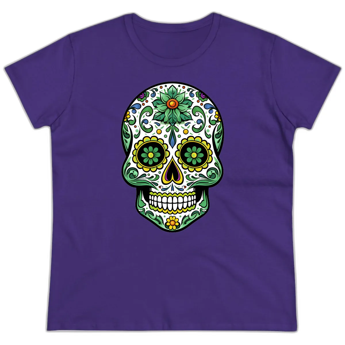 Ornate Floral Calavera Sugar Skull Illustration Ladies Tee in Purple