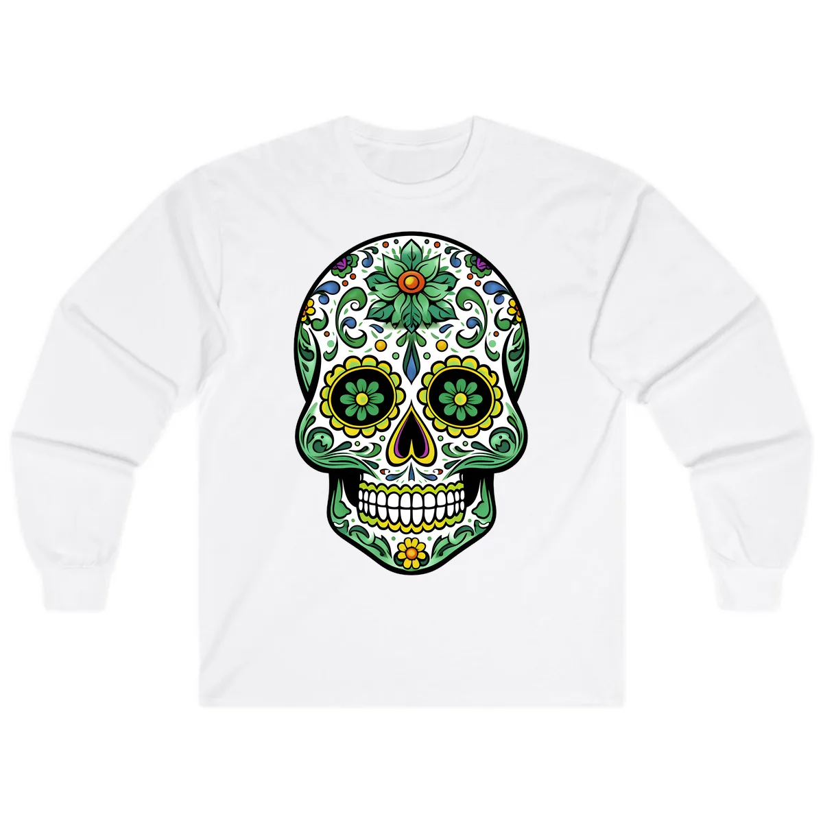 Ornate Floral Calavera Sugar Skull Illustration Long Sleeve in White