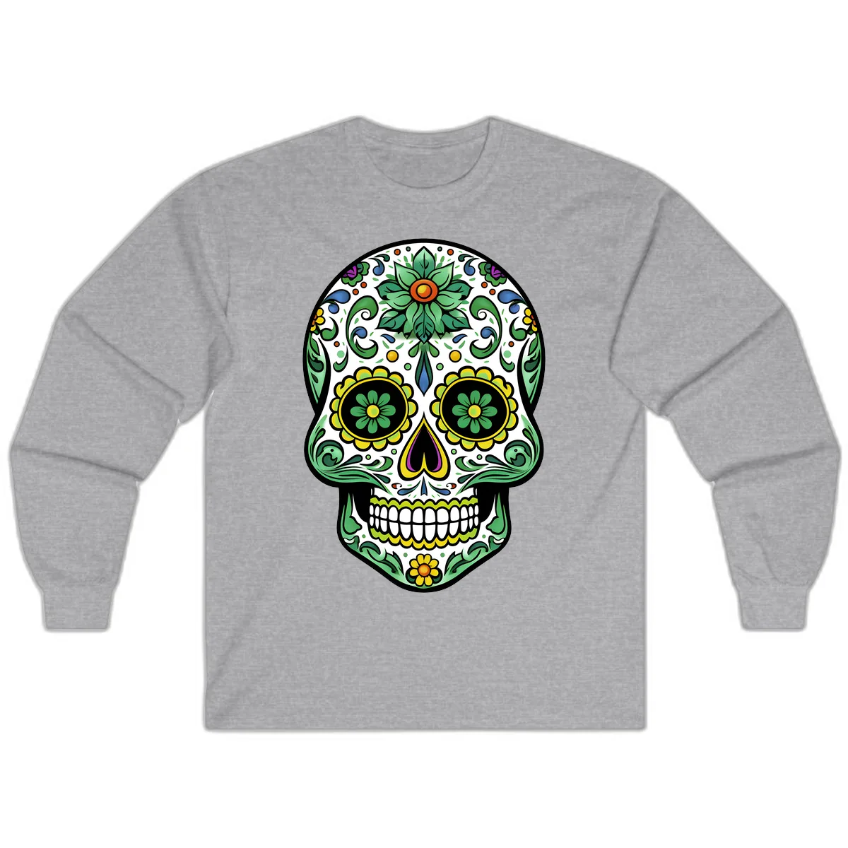 Ornate Floral Calavera Sugar Skull Illustration Long Sleeve in Sport Grey